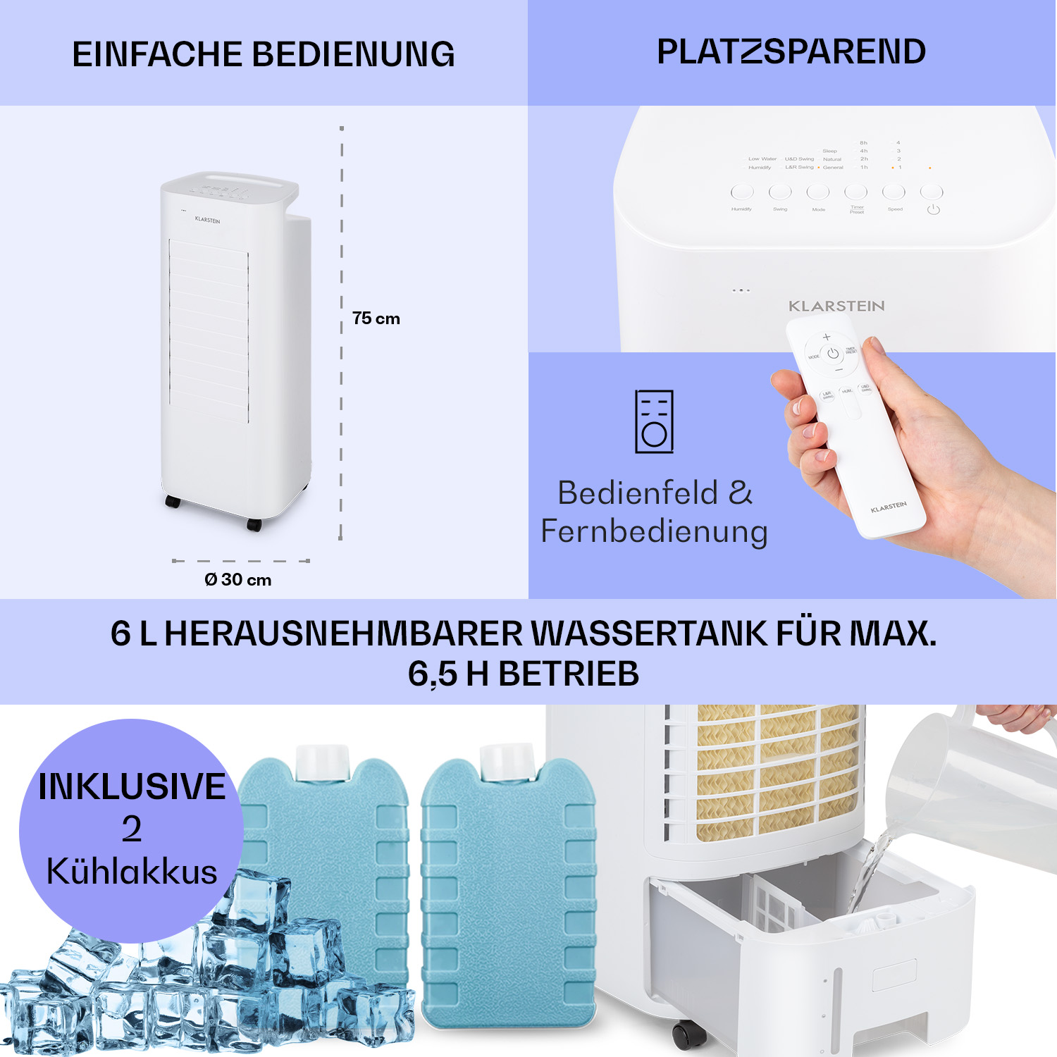 Ein weißer Luftkühler (75cm hoch, 30cm Ø) mit Fernbedienung, Eisakkus und Wassereinfüllung.