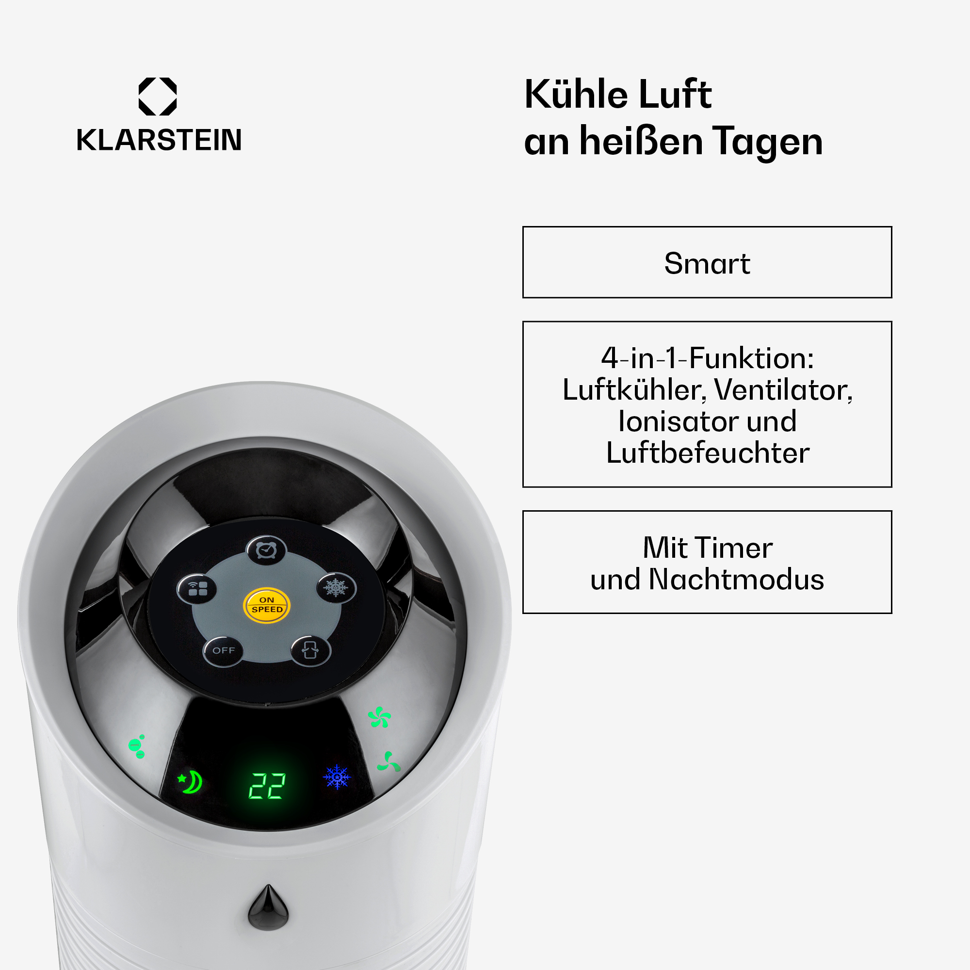 Ein weißer Klarstein Luftkühler mit Bedienfeld und Anzeigen für Temperatur und Modus.