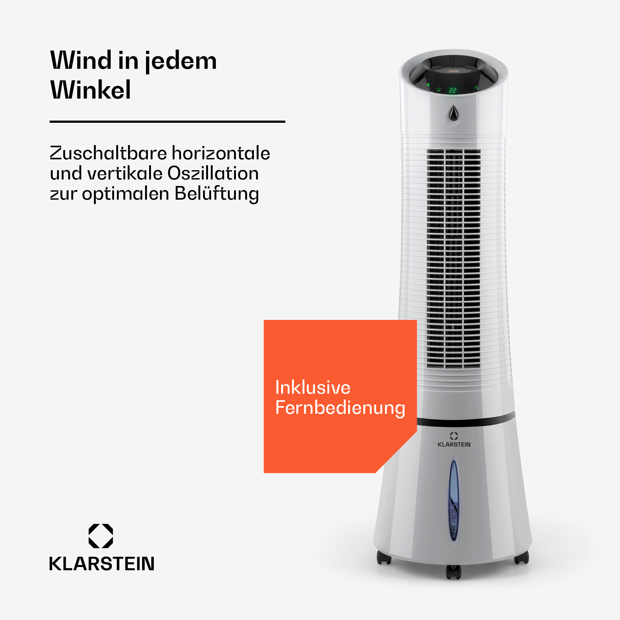 Ein weißer Turmventilator mit Fernbedienung und digitaler Anzeige von 22 Grad.