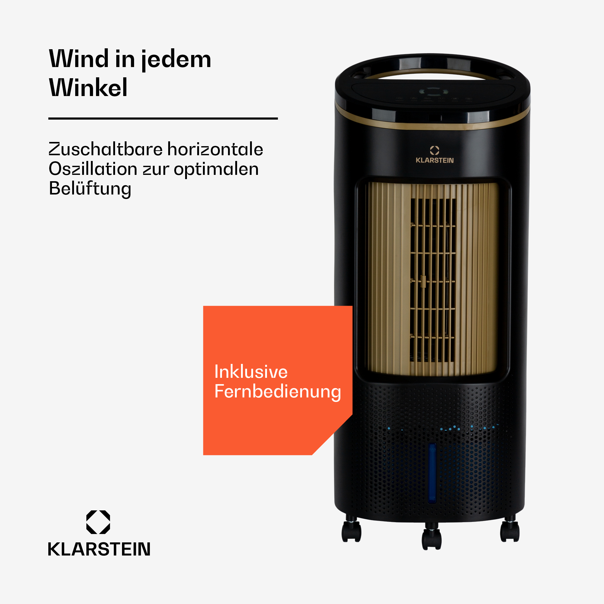 Ventilatore a torre nero con griglia dorata, adesivo telecomando.