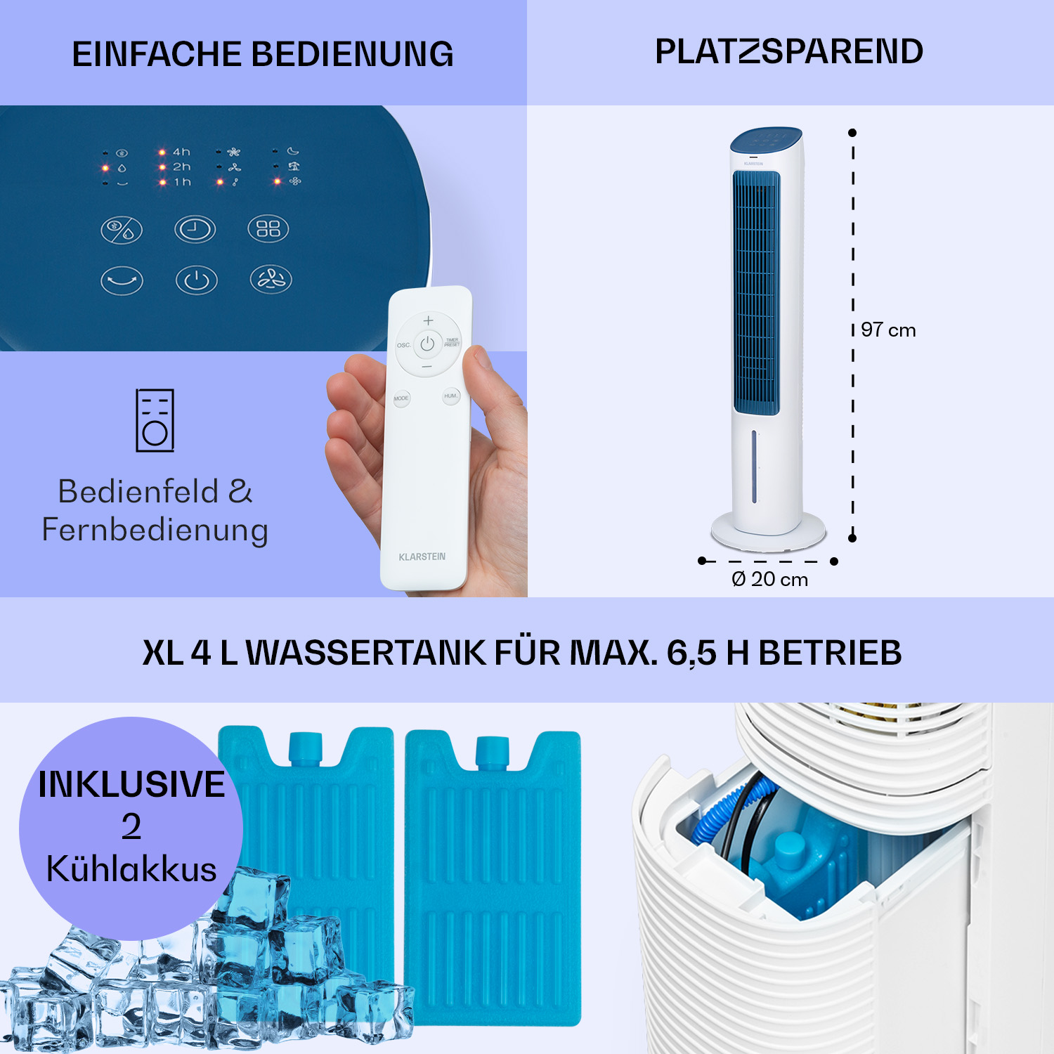 Un ventilatore a torre con telecomando, pacchi refrigeranti e serbatoio dell'acqua.