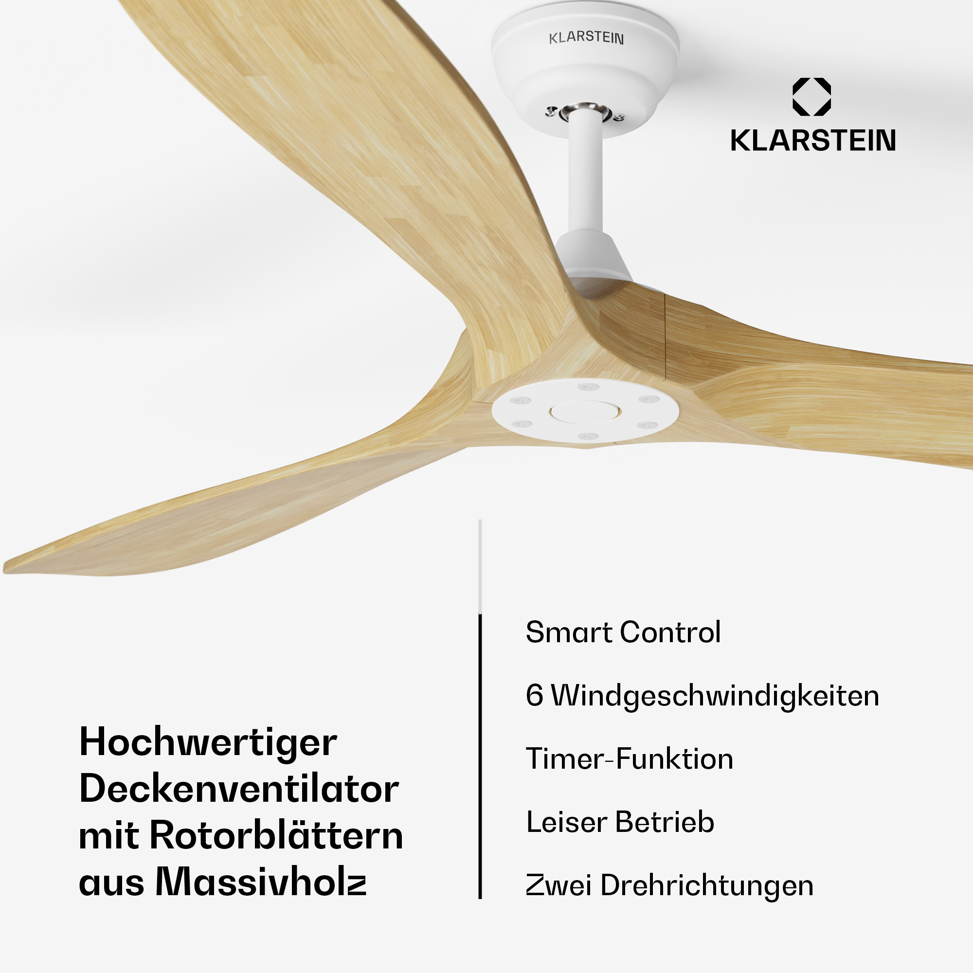 Ventilatore da soffitto di alta qualità con pale del rotore in legno e controllo smart.