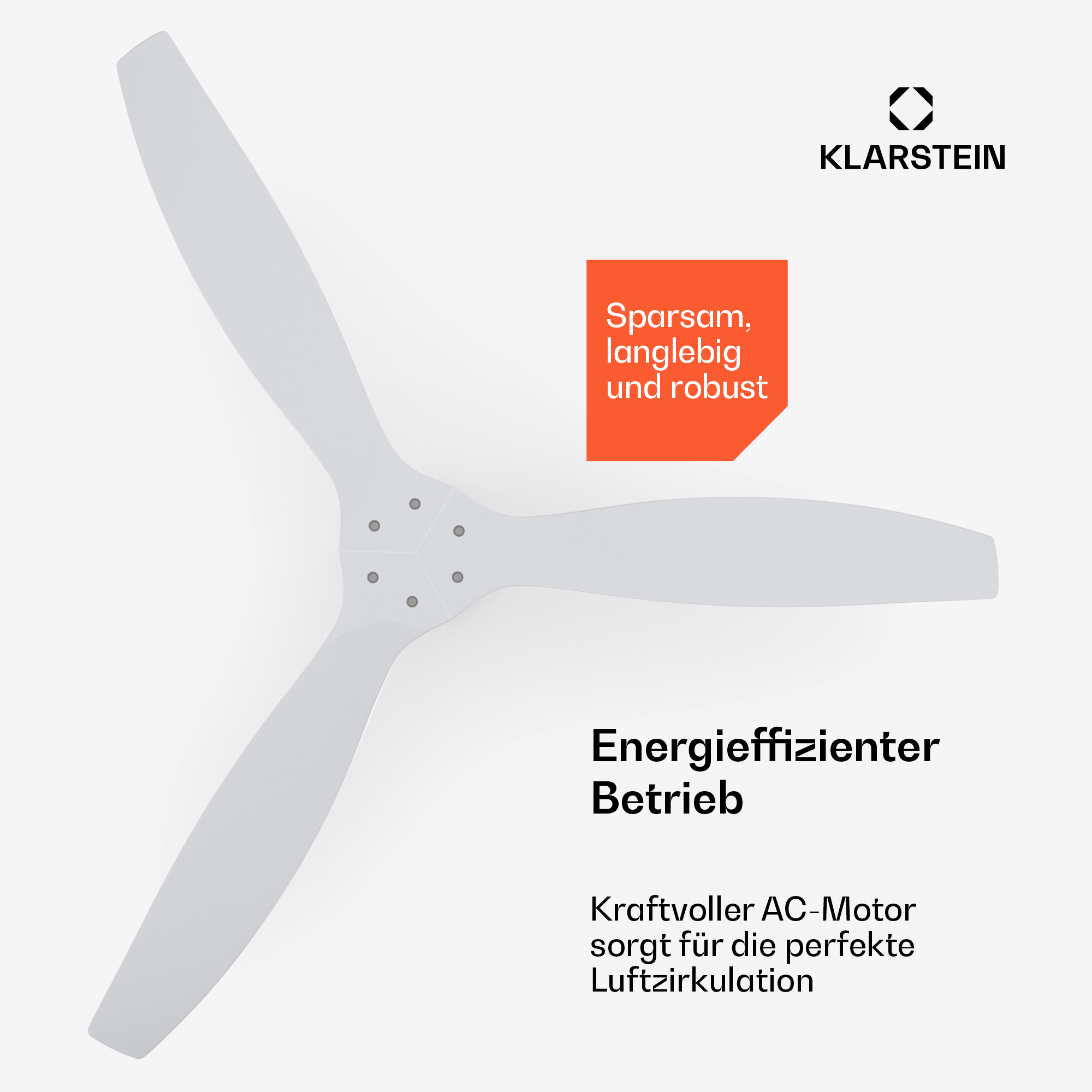 Un ventilador de techo blanco con tres aspas y el logo de Klarstein.