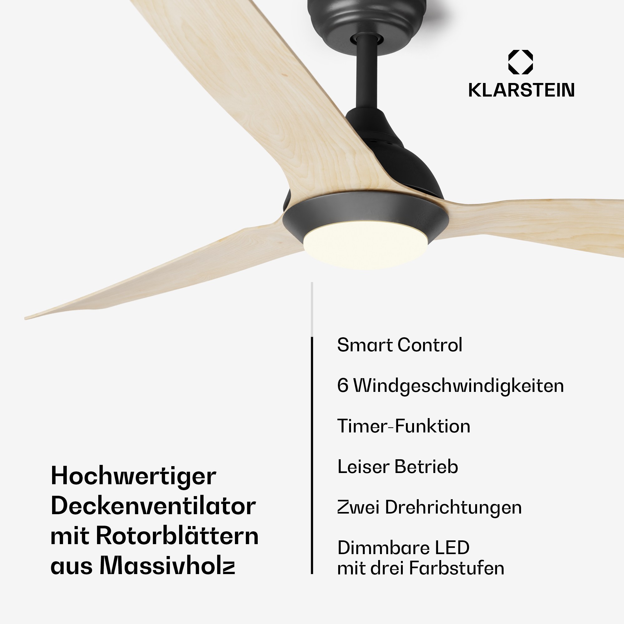 Schwarzer Deckenventilator mit Holzflügeln und LED-Licht. Klarstein-Logo oben.