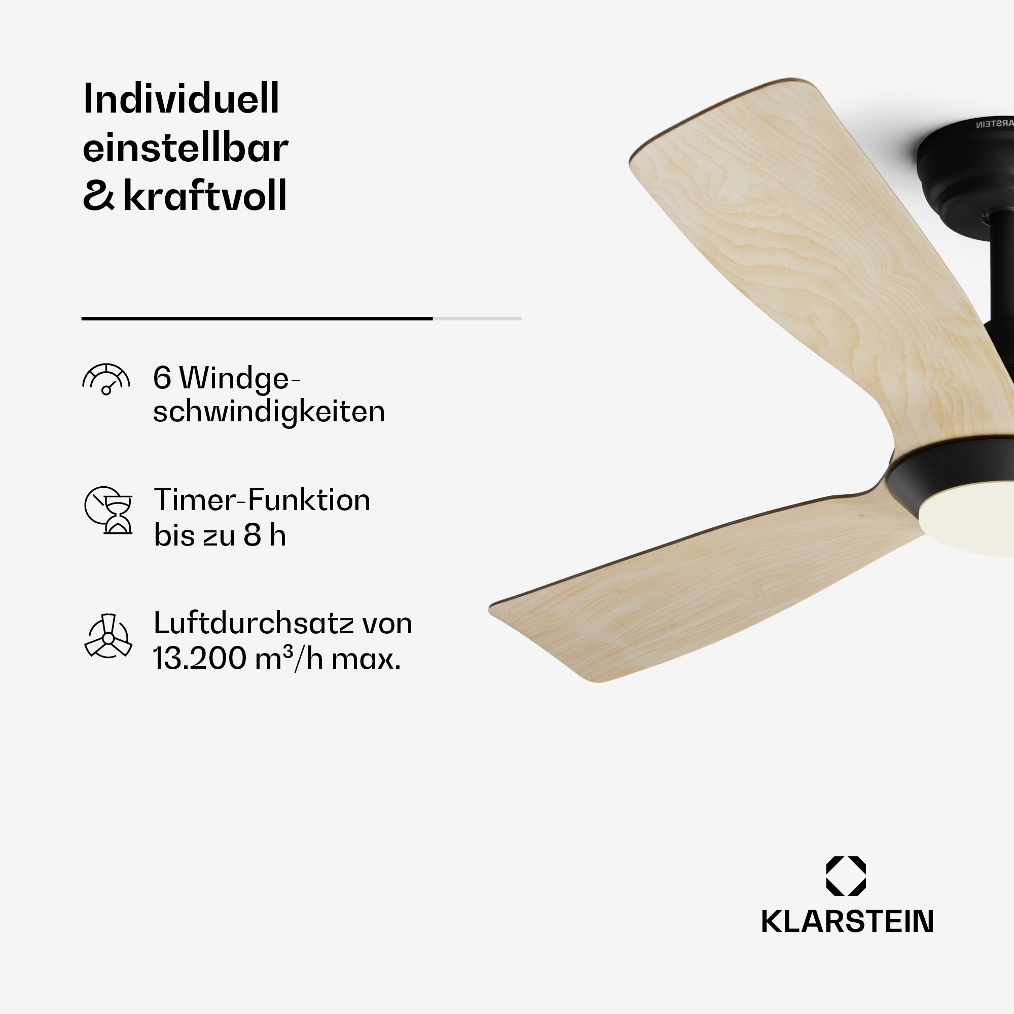 Deckenventilator mit Holzflügeln, 6 Geschwindigkeiten, Timer bis 8h, 13.200 m³/h Luftzirkulation.