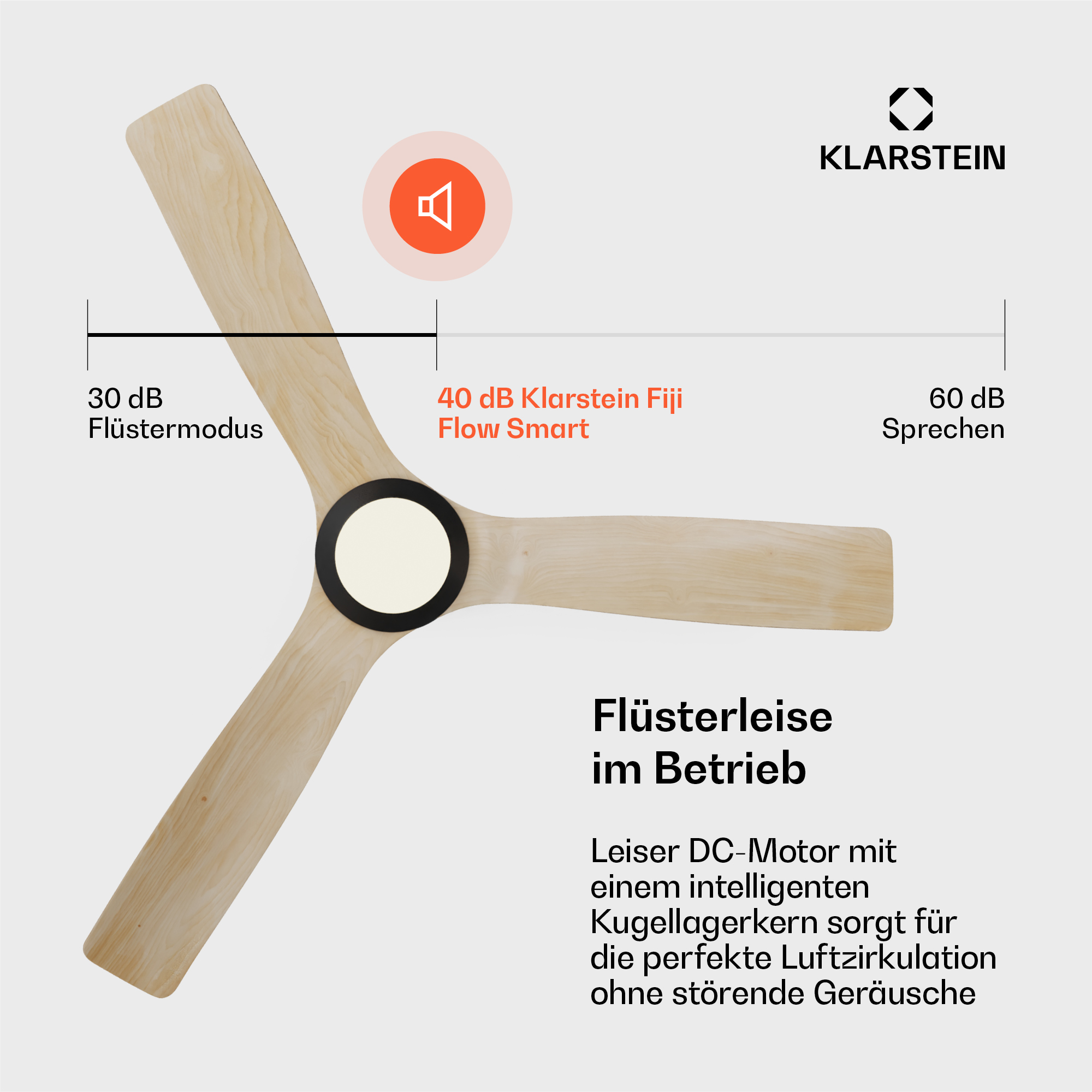 Ein Deckenventilator mit drei Holzflügeln und dem Klarstein Logo. Decibelwerte werden angezeigt.