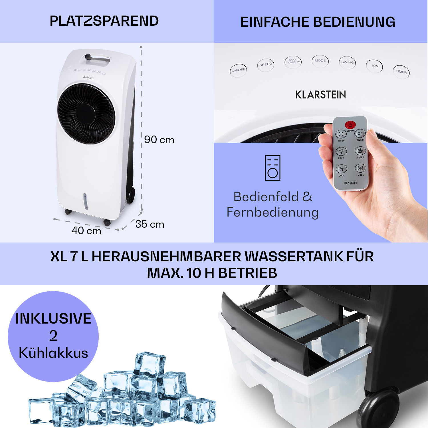 Kompakter weißer Luftkühler mit Fernbedienung und Eisakkus.