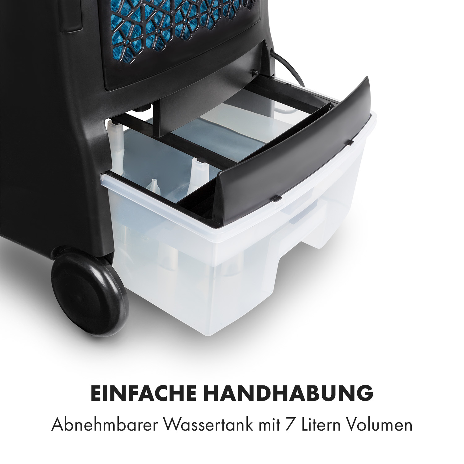 Schwarzer Luftkühler mit abnehmbarem 7L Wassertank. Blaue Wabenfilter.