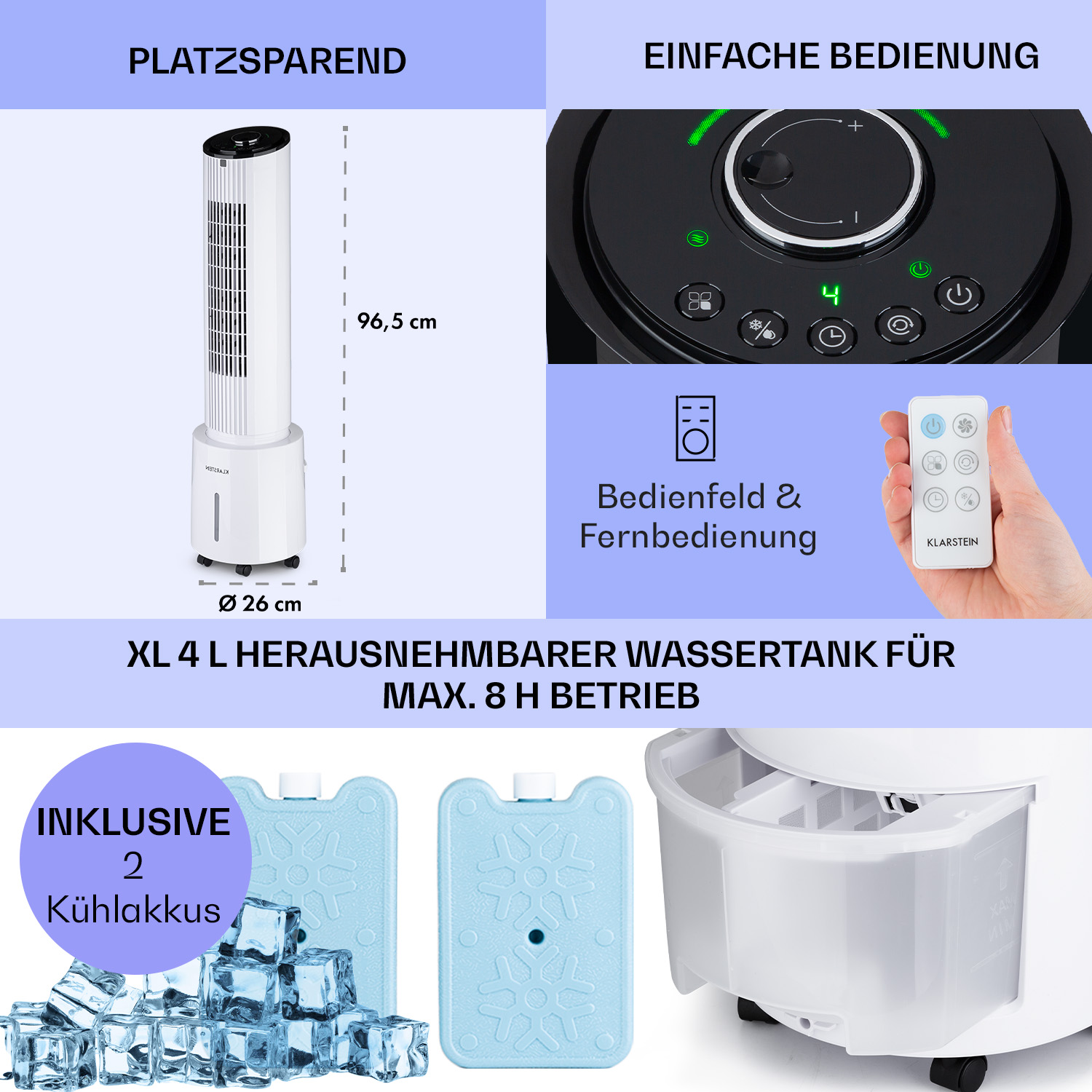 Ein schlanker weißer Turmventilator mit Fernbedienung, Eisakkus und einem 4L Wassertank.
