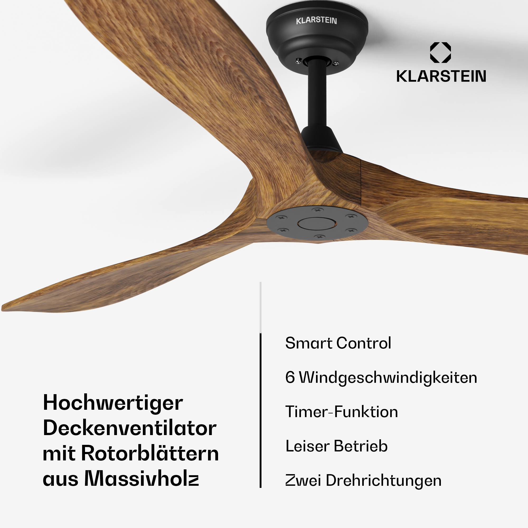 Ventilatore da soffitto con pale in legno, controllo smart, 6 velocità.