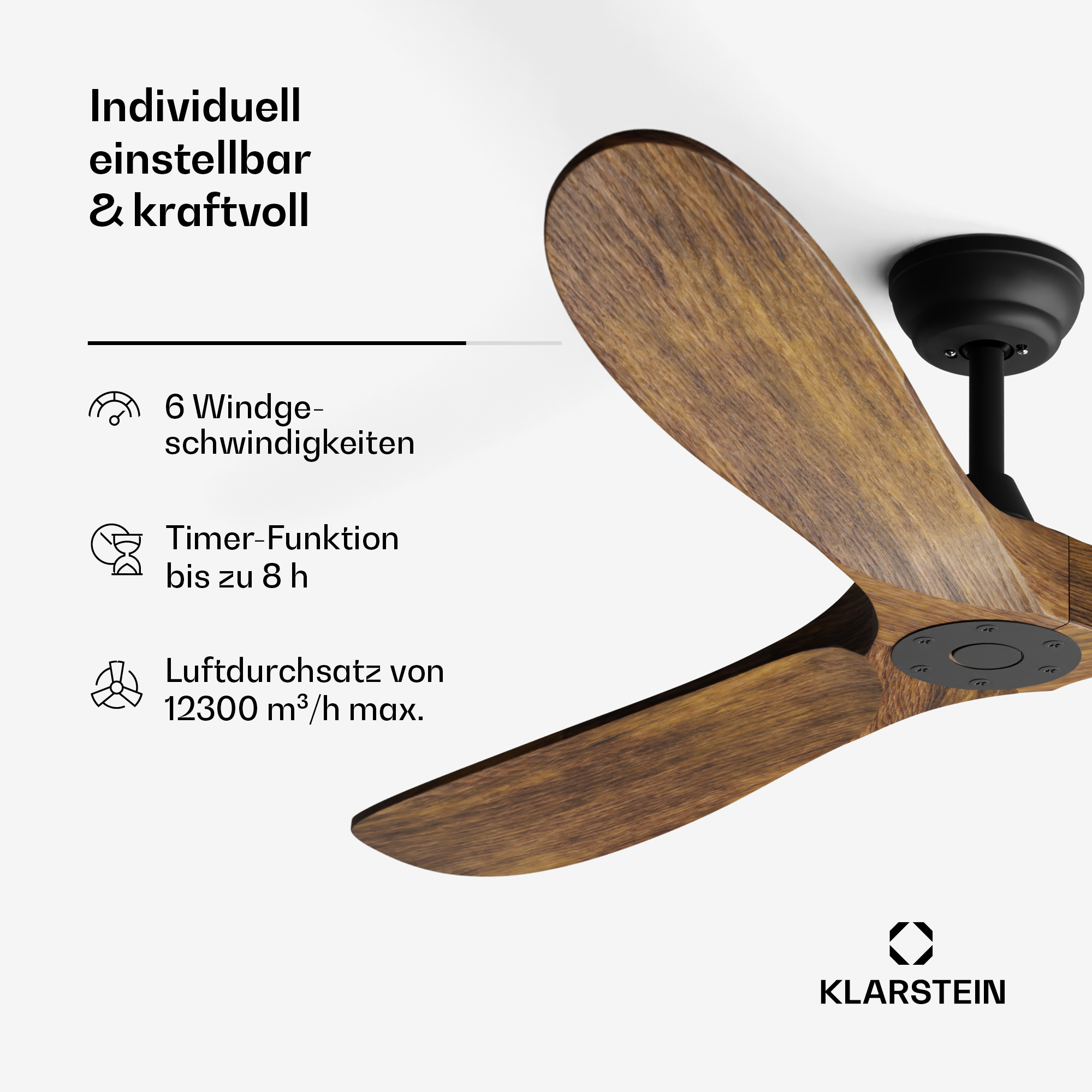 Un ventilatore da soffitto con pale in legno e supporto nero. Caratteristiche: 6 velocità, timer fino a 8h, flusso 12300 m³/h.