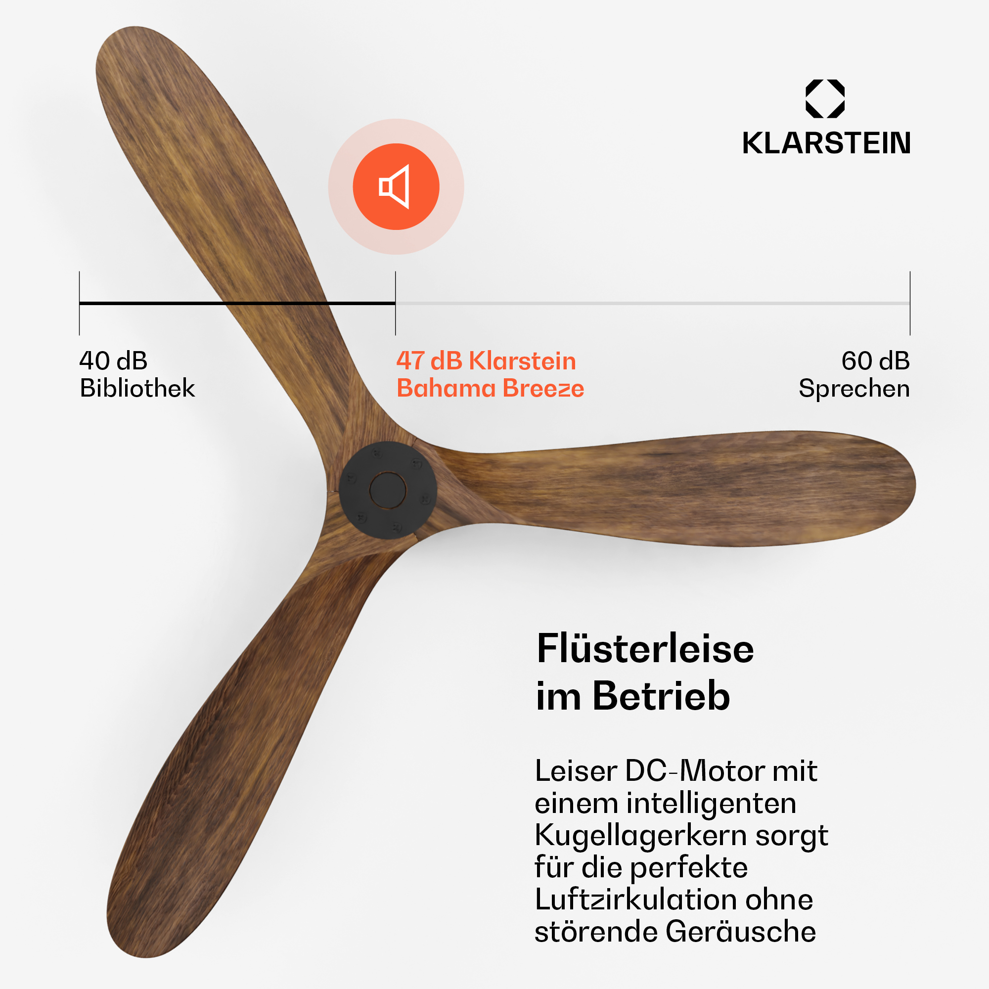 Ventilatore da soffitto in legno con livelli sonori: 40dB (Biblioteca), 47dB (Klarstein)