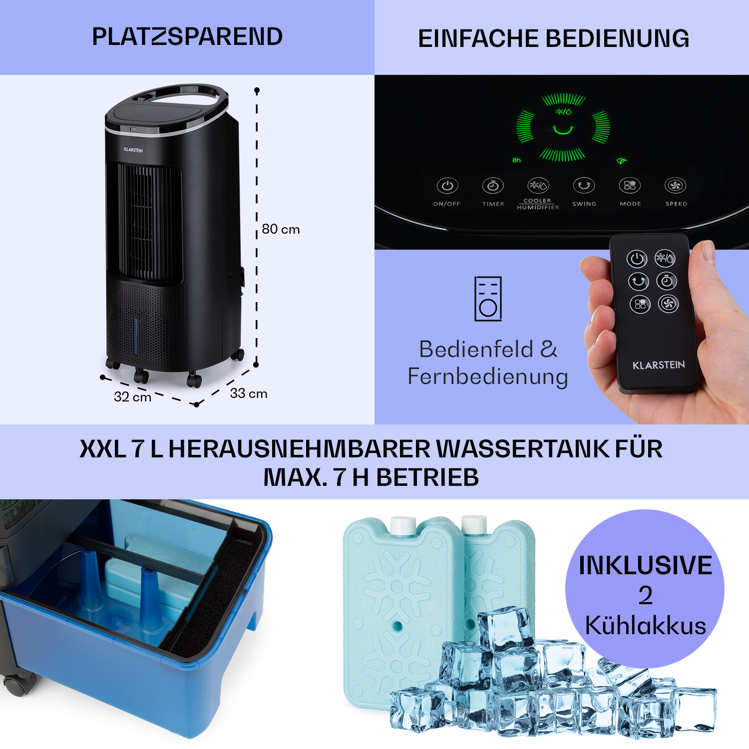 Un climatizzatore Klarstein nero con telecomando e impacchi di ghiaccio.