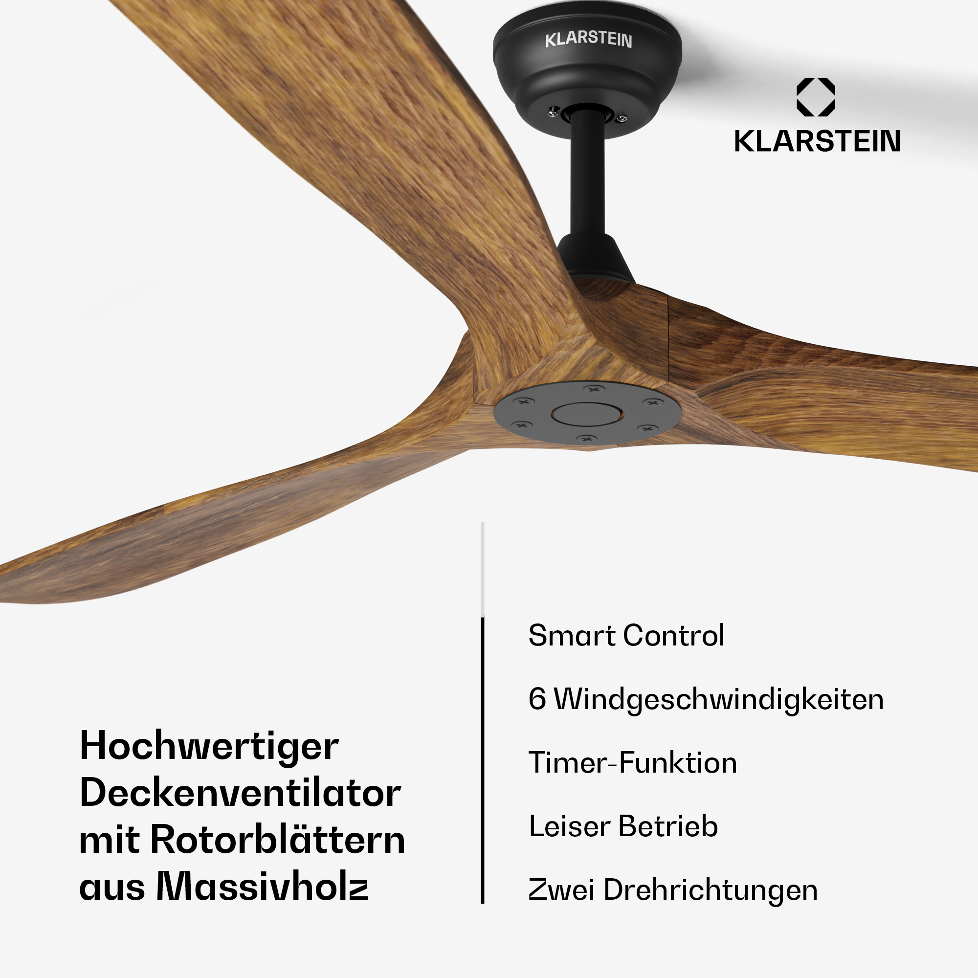 Ventilatore da soffitto di alta qualità con pale del rotore in legno massello, marca Klarstein.