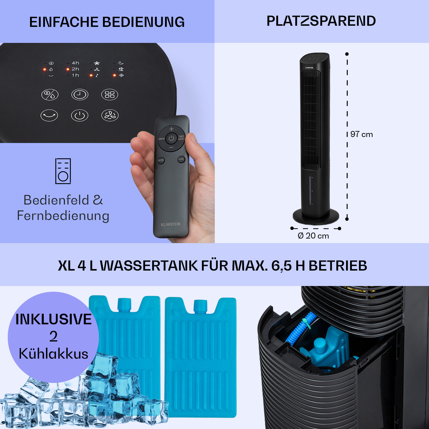 Turmventilator mit Fernbedienung, Kühlakkus und 4L Wassertank.