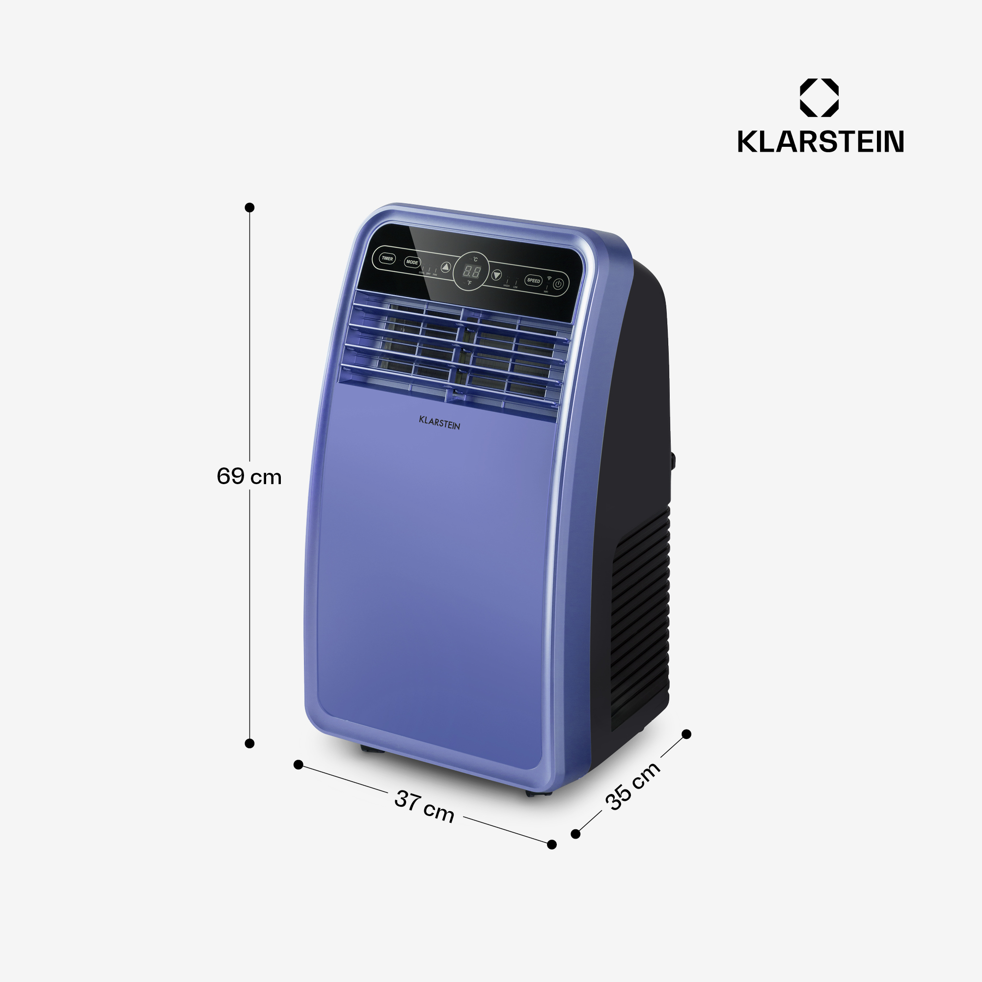 Un aire acondicionado Klarstein morado con controles digitales y dimensiones.