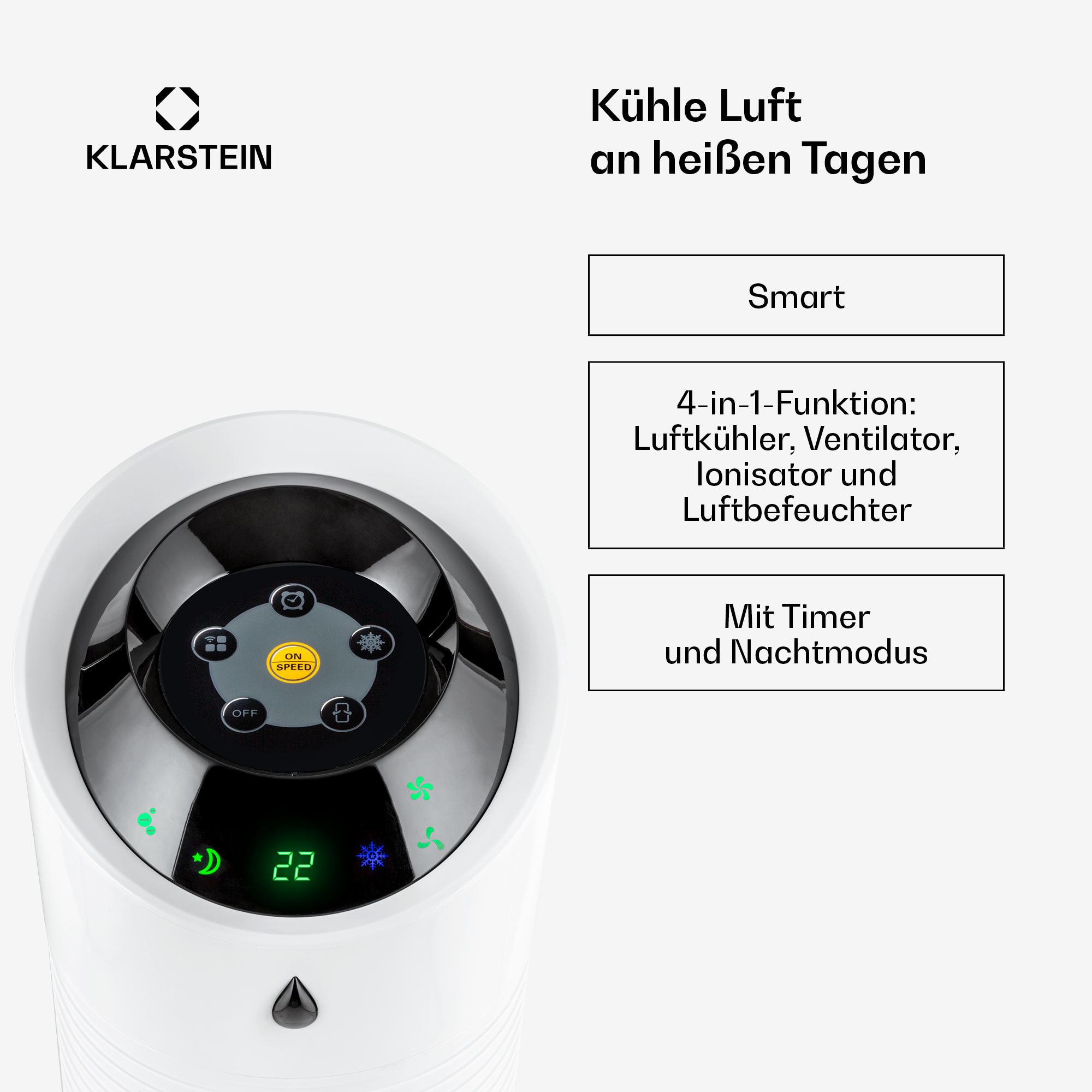 Klarstein Luftkühler mit digitaler Anzeige und Bedienelementen.