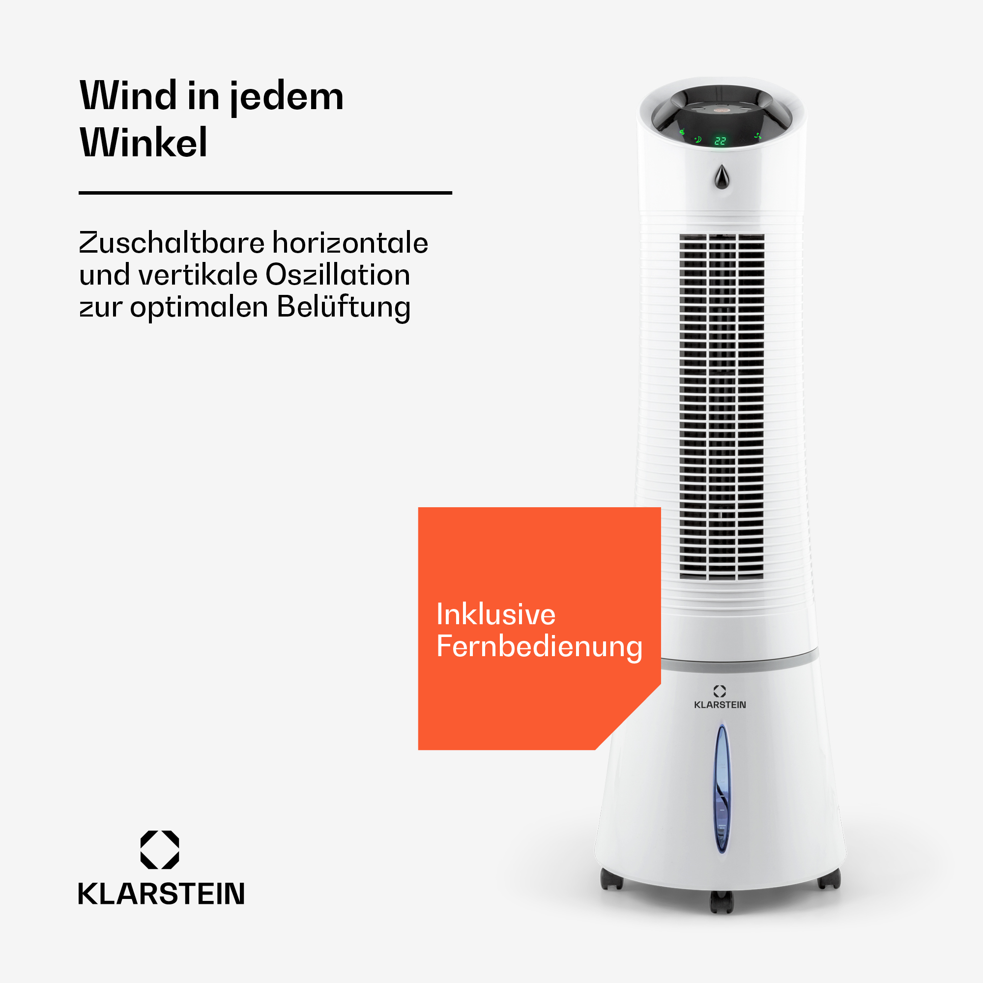 Ein weißer Klarstein Turmventilator mit Fernbedienung und digitaler Anzeige.