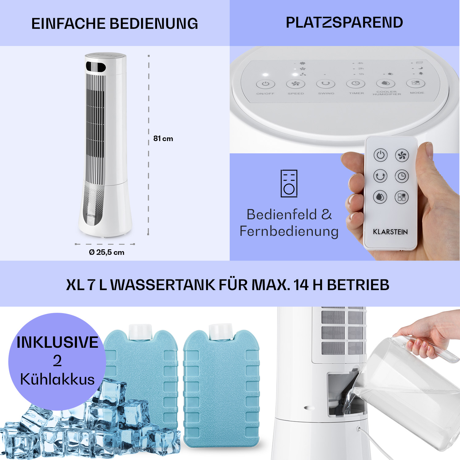 Ein weißer Turmventilator mit Fernbedienung und Kühlakkus.