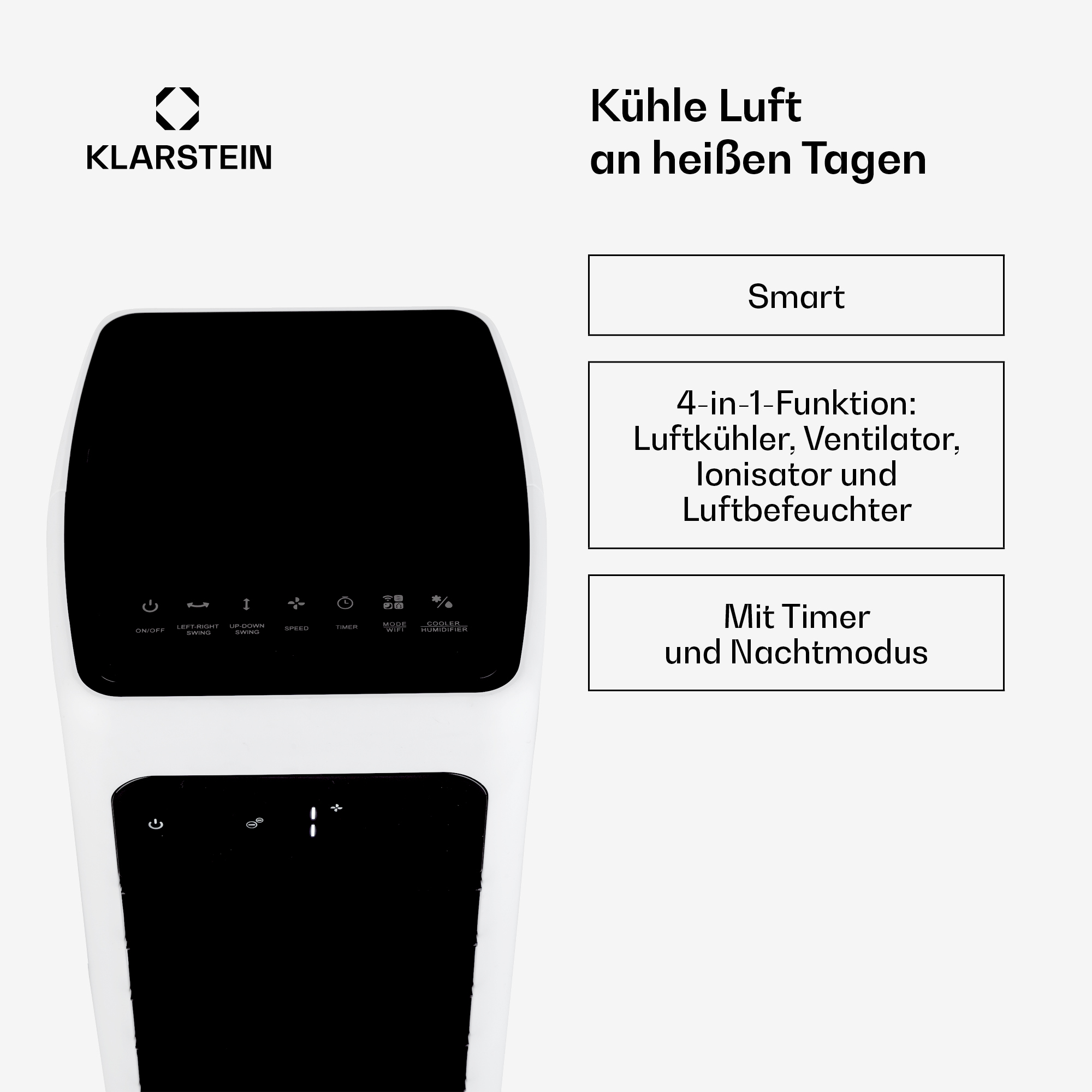 Klarstein Gerät mit Bedienfeld: Kühlende Luft an heißen Tagen.