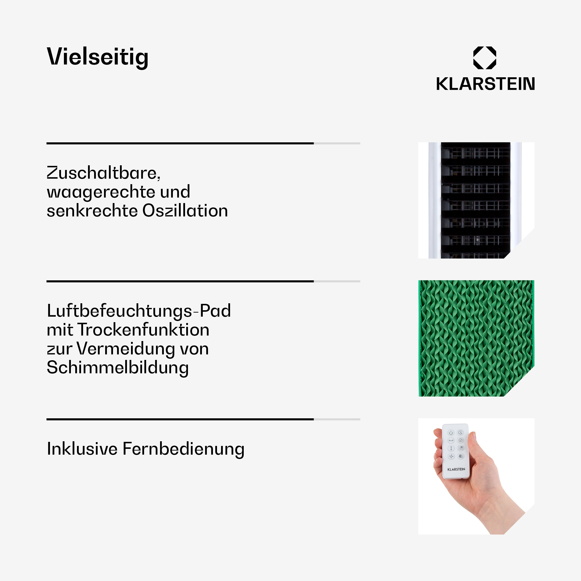 Produktmerkmale: Oszillation, Befeuchtung, Fernbedienung, Klarstein-Logo.