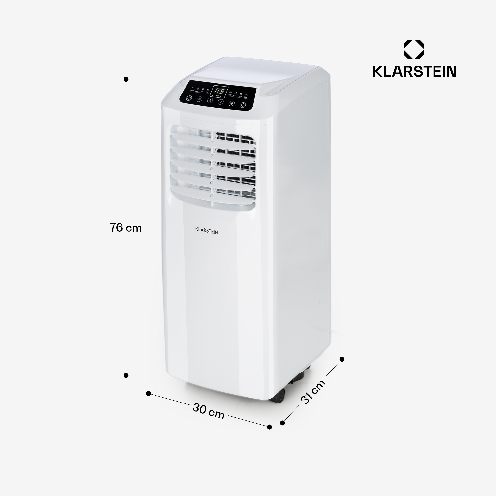 Una torre blanca de aire acondicionado Klarstein con pantalla, ruedas y medidas 76x30x31 cm.