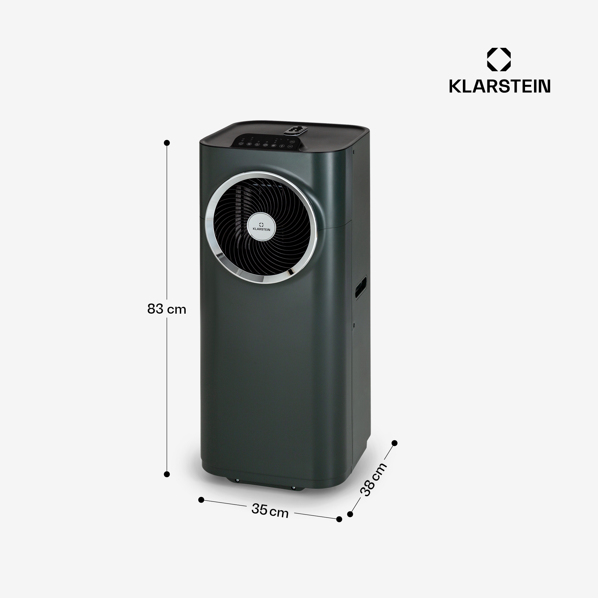 Aire acondicionado gris oscuro con rejilla de ventilador y panel de control.
