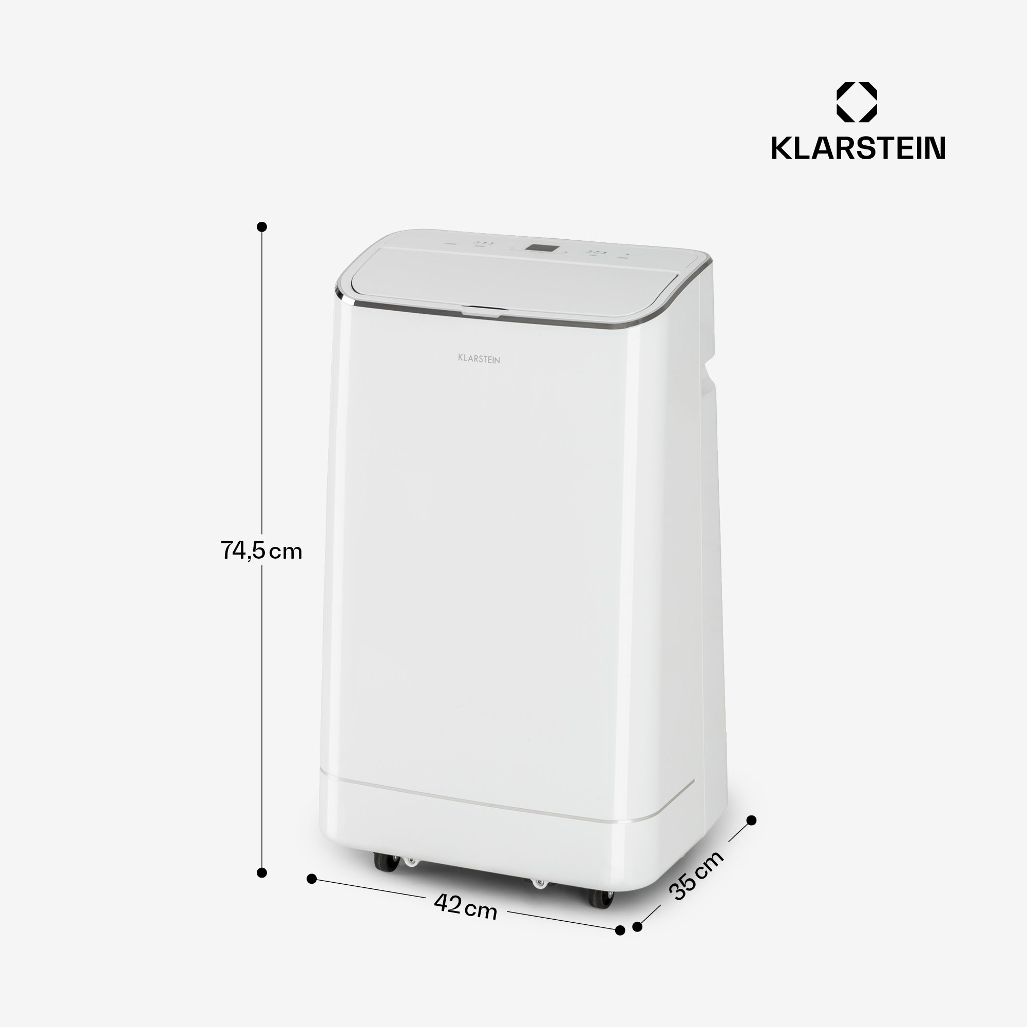 Un aire acondicionado blanco con ruedas, 74,5 cm de alto, 42 cm de ancho y 35 cm de fondo.