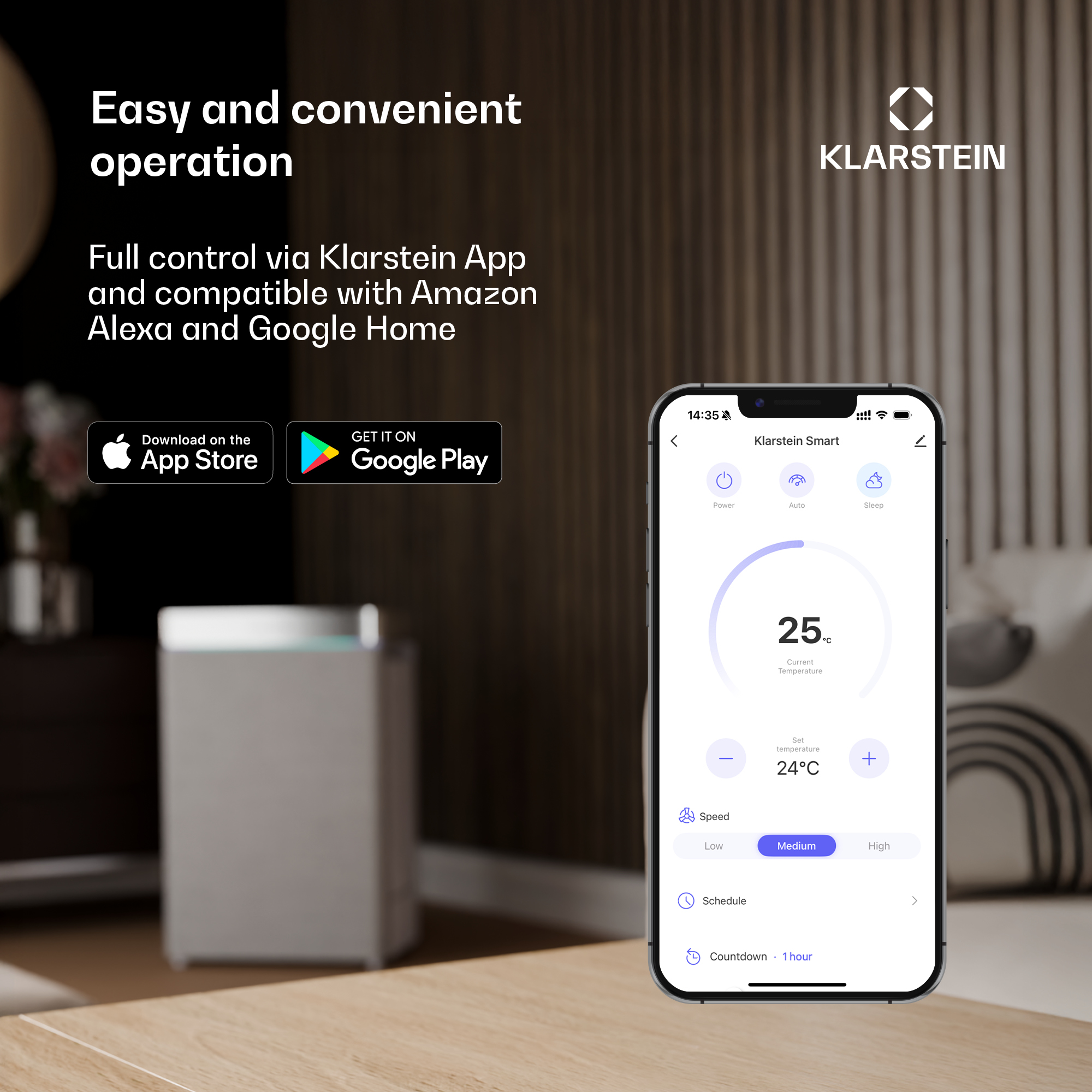 Controllo app Klarstein su smartphone appoggiato su un tavolo.