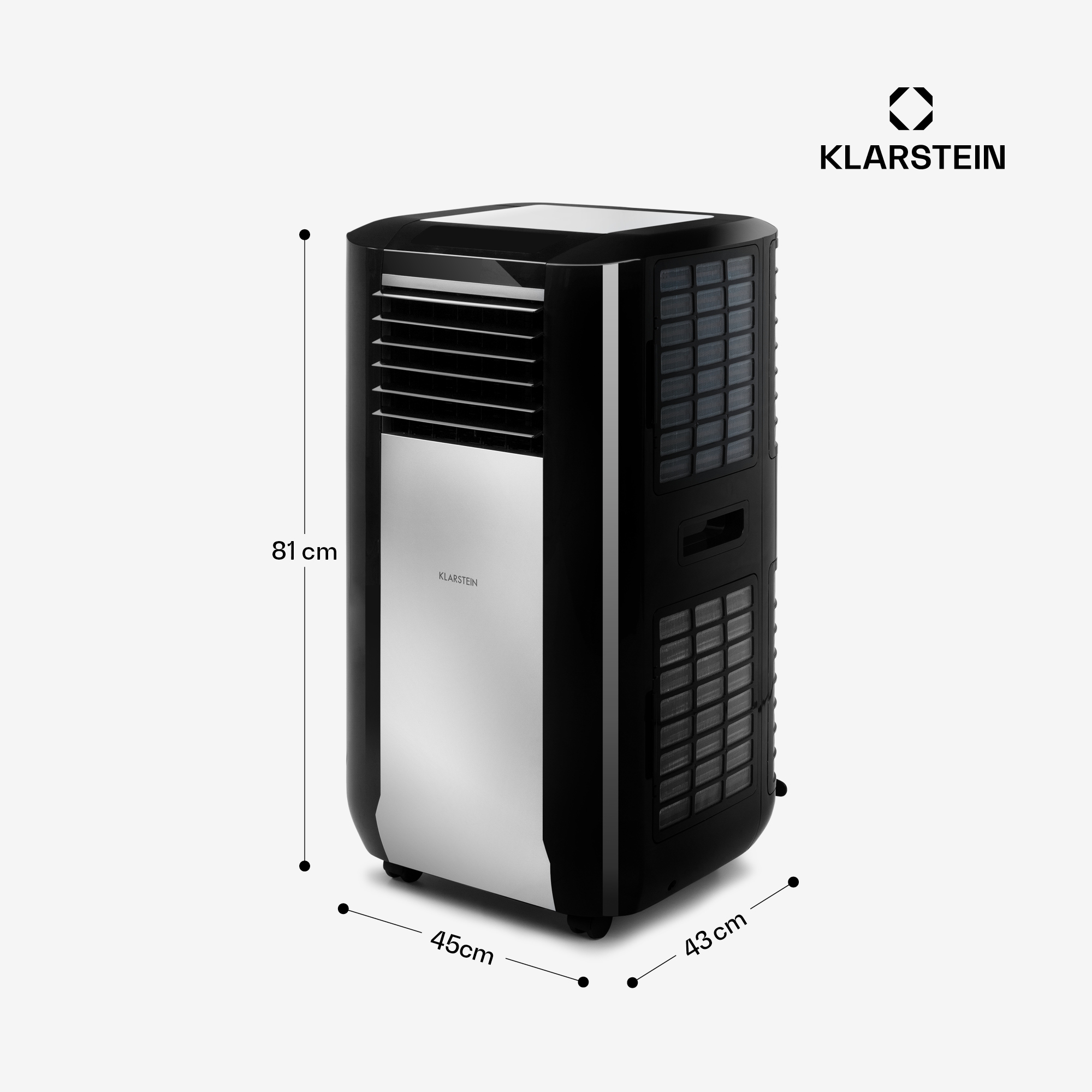 Aire acondicionado Klarstein negro, 81cm alto, 45cm ancho, 43cm profundo.