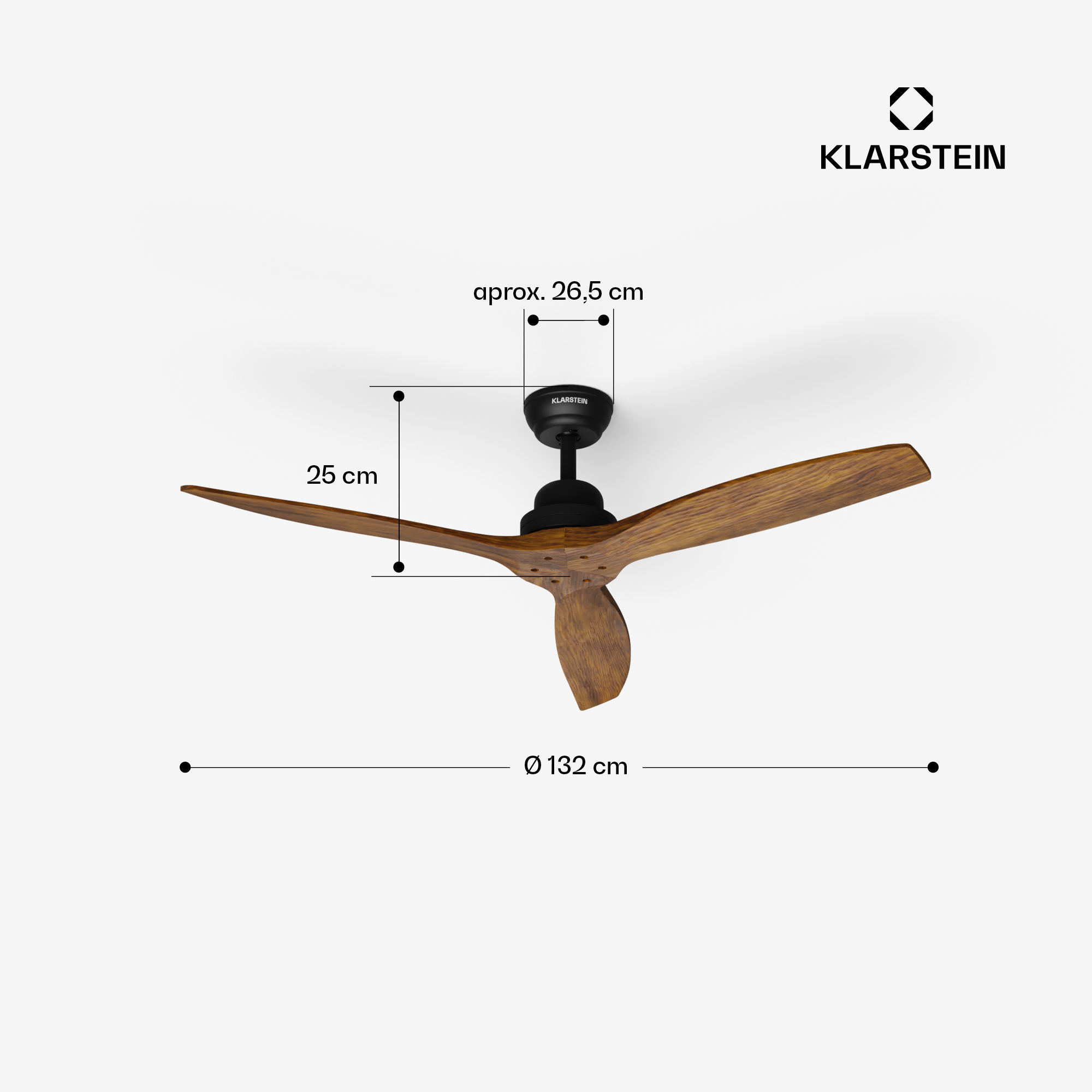 Un ventilatore da soffitto in legno a tre pale, diametro 132 cm.