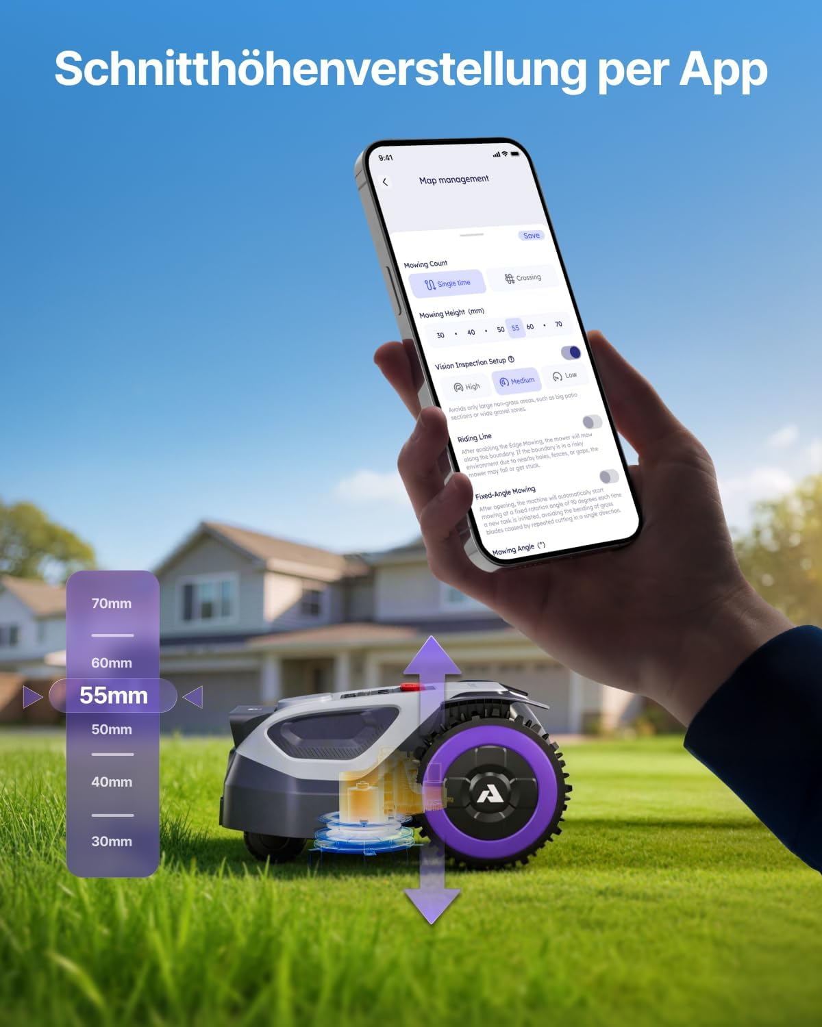 Ein Rasenmähroboter wird von einer Hand gehalten und eine App zur Steuerung der Schnitthöhe angezeigt.