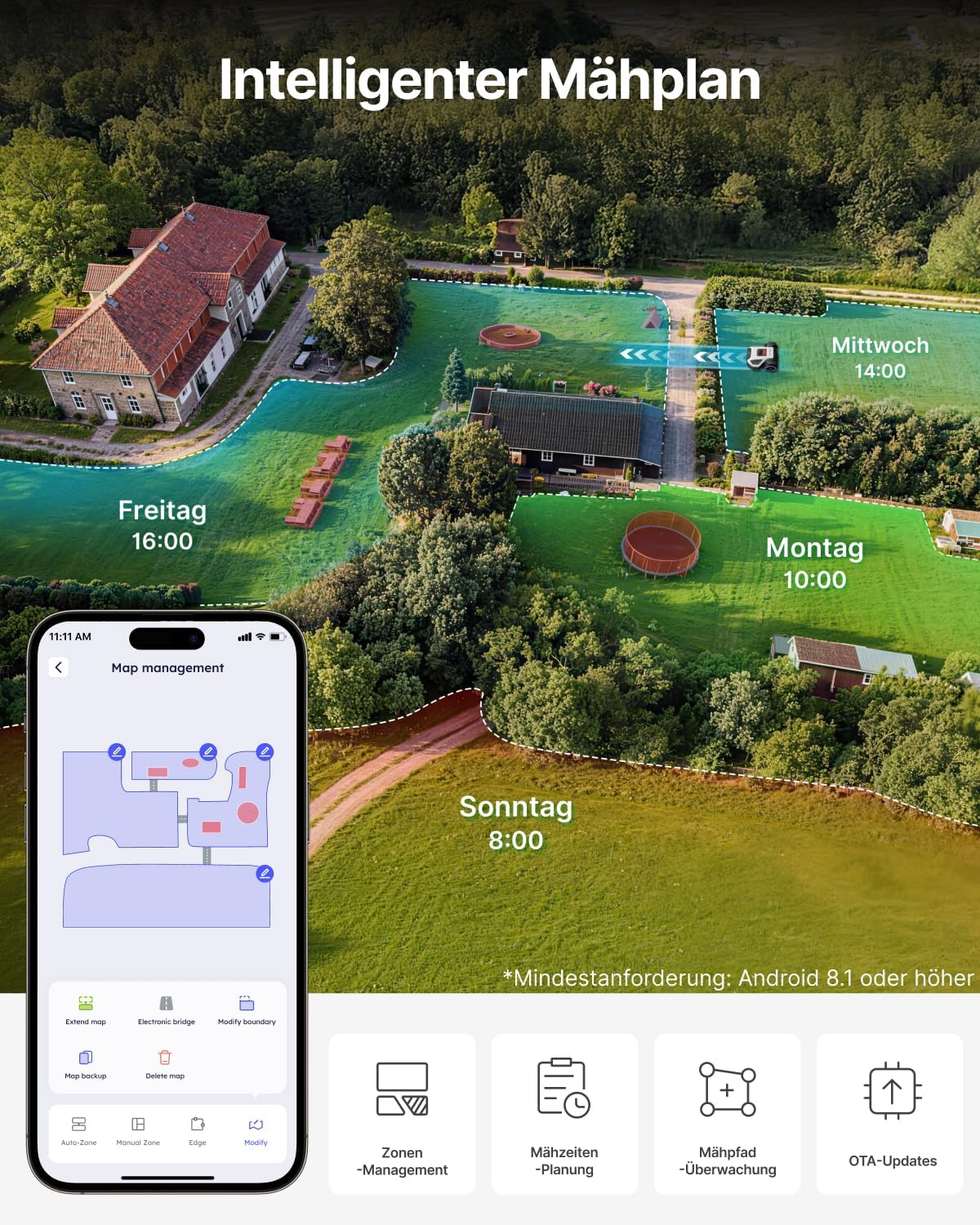 Eine App zeigt einen Mähplan für ein Grundstück mit Häusern und Gärten an.