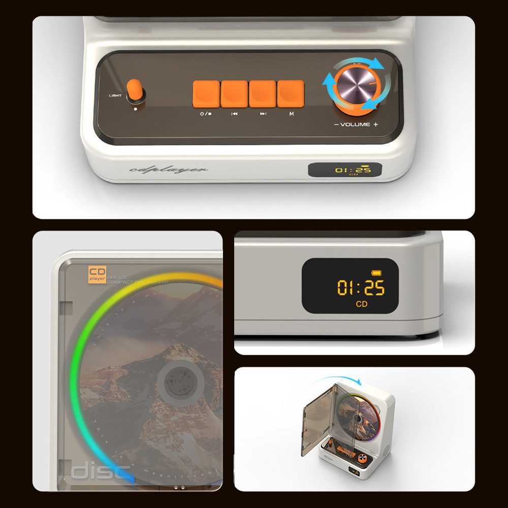 Ein weißer CD-Player mit orangefarbenen Tasten, einem Lautstärkeregler und einem digitalen Display.
