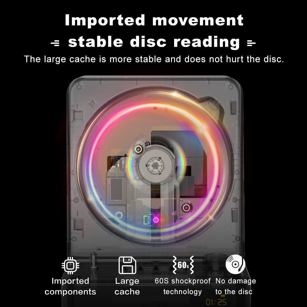 Ein transparenter CD-Player mit bunten Lichtern und technischen Details.