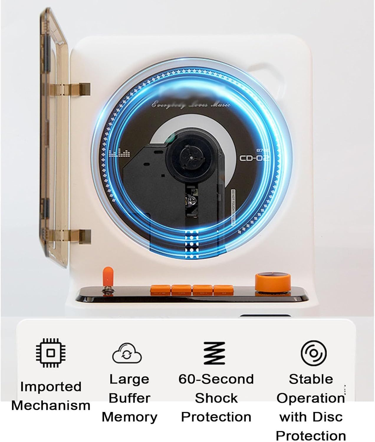 Ein tragbarer CD-Player mit leuchtenden blauen Akzenten und Bedienelementen.
