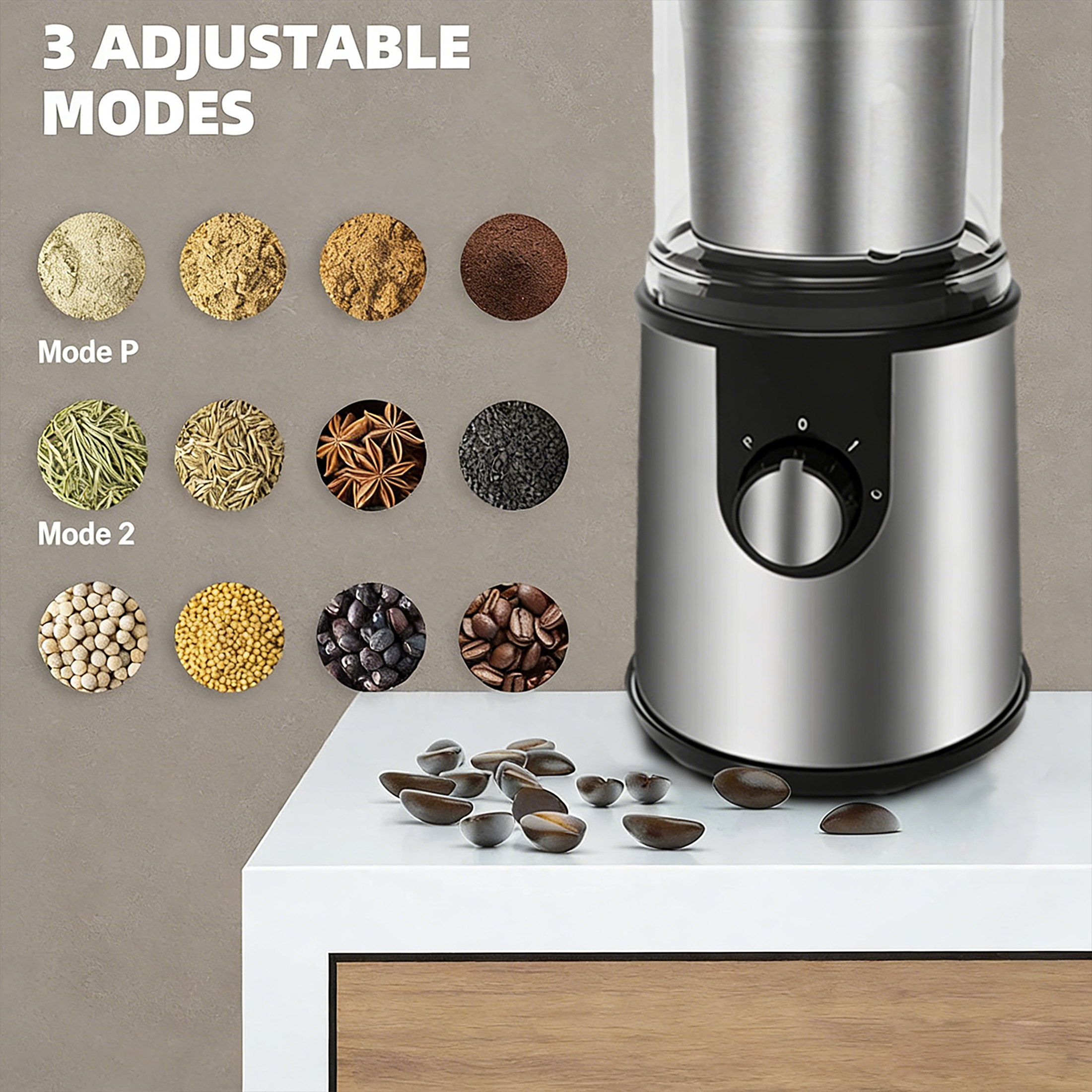 Edelstahl-Kaffeemühle mit 3 Modi, verschiedene Gewürze und Bohnen.