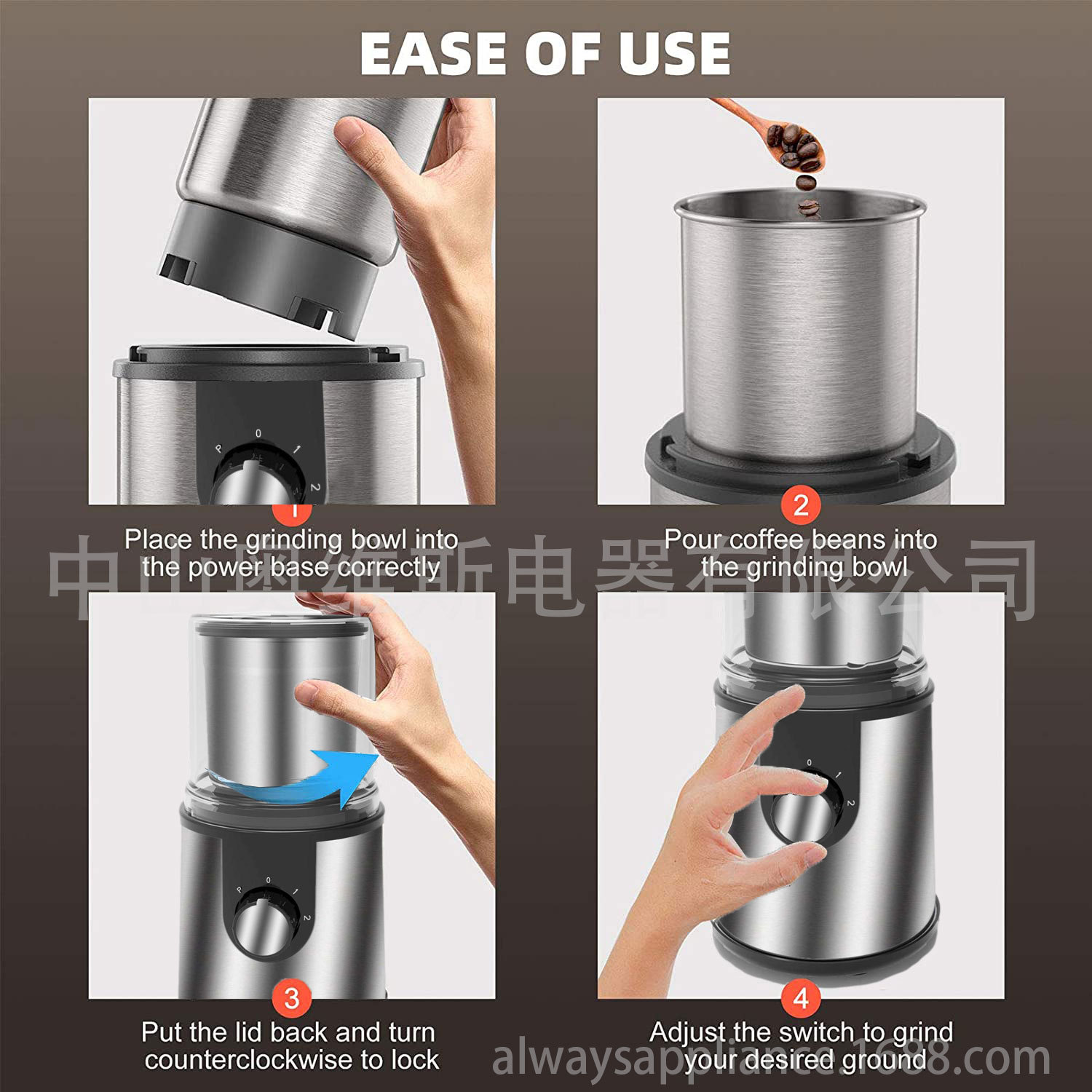 Anleitung zum Mahlen von Kaffeebohnen: Schüssel einsetzen, Bohnen einfüllen, Deckel verriegeln, Mahlgrad einstellen.