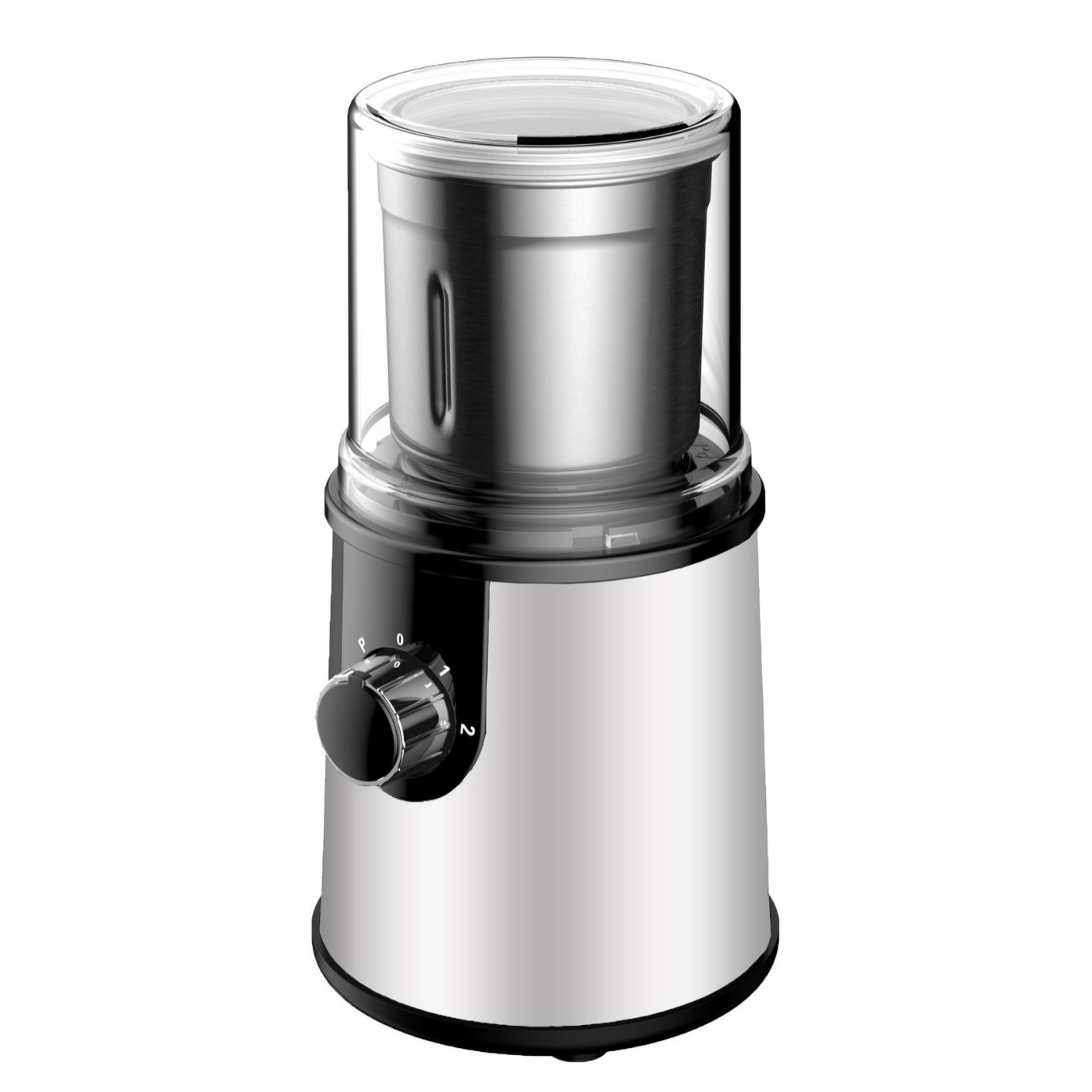 Ein silberner elektrischer Kaffeemühle mit schwarzem Detail und Einstellknopf.
