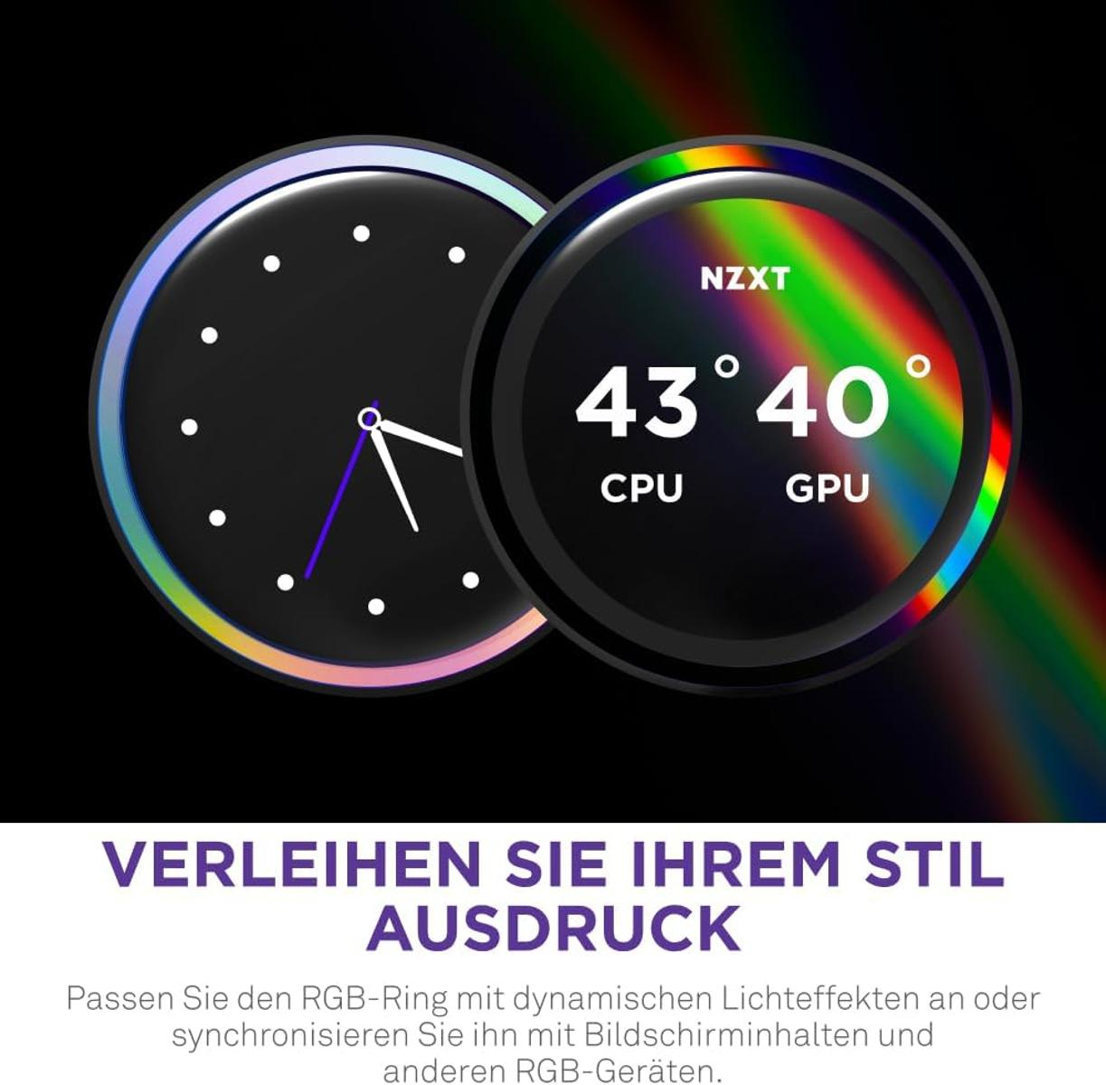 Two round displays show CPU/GPU temps and time, with RGB lighting.