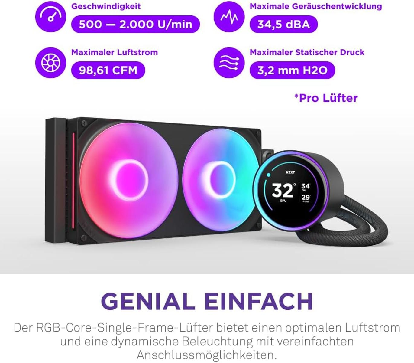 Computer cooler with two RGB fans, a pump with digital display, and specs.