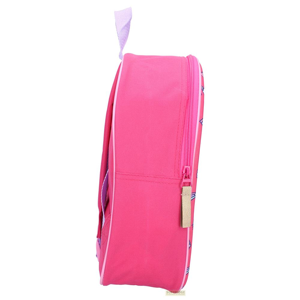 Una mochila rosa con cremallera y asa, vista de lado.