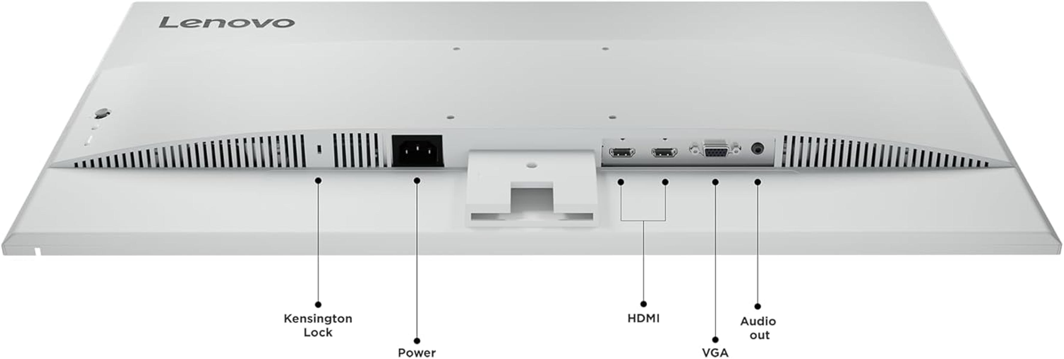 Parte trasera de un monitor Lenovo blanco con puertos: alimentación, Kensington Lock, HDMI, VGA, audio.