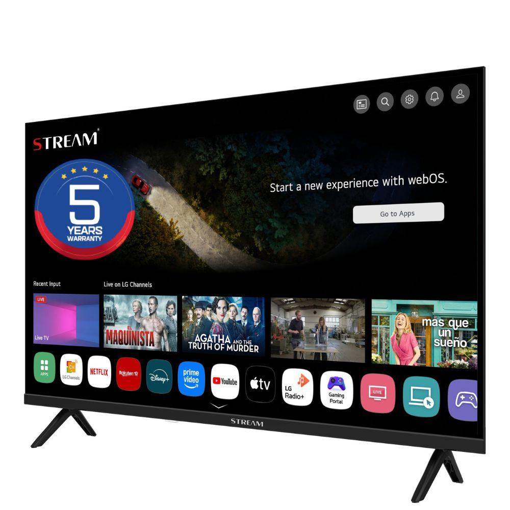 Un televisor moderno con pantalla grande que muestra el menú webOS.