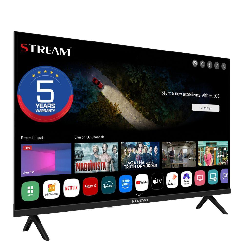 Un televisor LG moderno muestra el logo de Stream, garantía de 5 años y apps.