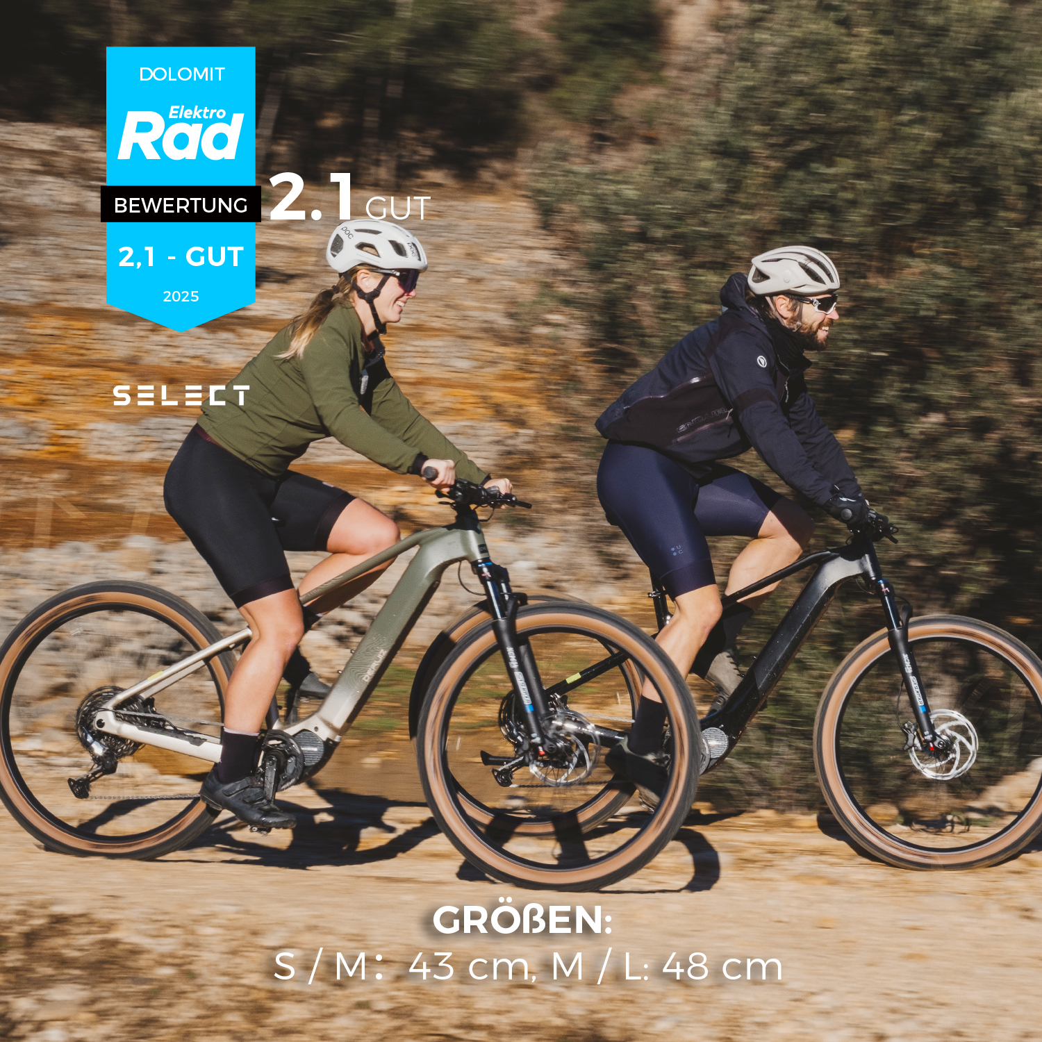 Zwei Personen fahren E-Bikes auf einem Feldweg, bewertet 2,1 GUT.