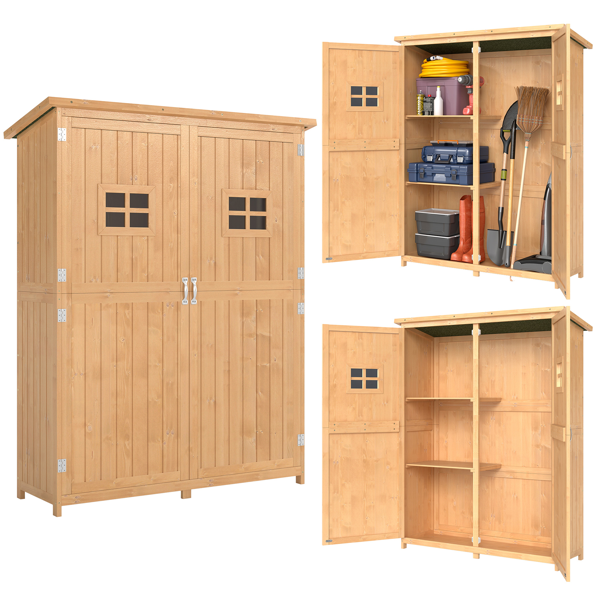 Capanno in legno, viste chiuse e aperte, con attrezzi e oggetti di stoccaggio all'interno.