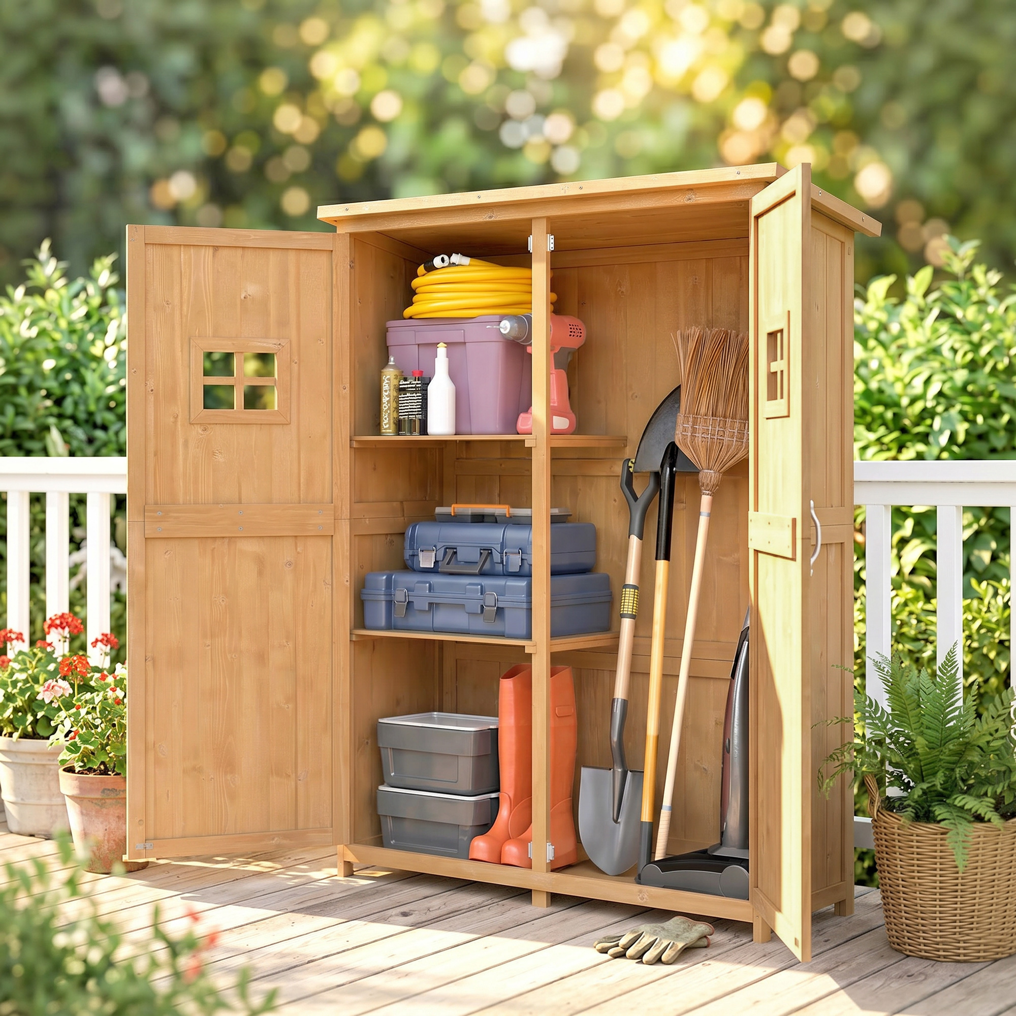 Un capanno di legno con attrezzi, stivali e contenitori a porte aperte.