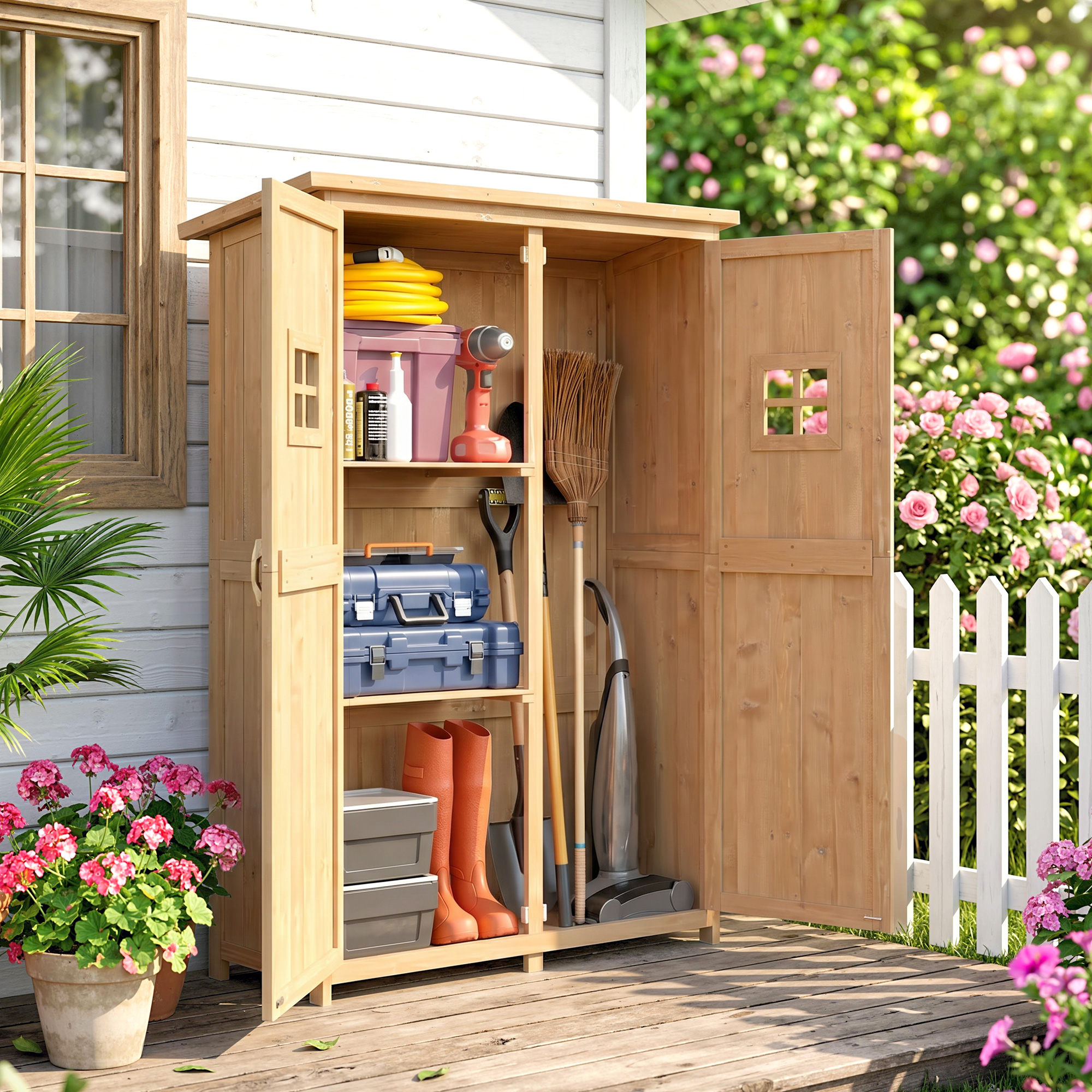 Capanno in legno con attrezzi da giardino, attrezzature e piante all'esterno.