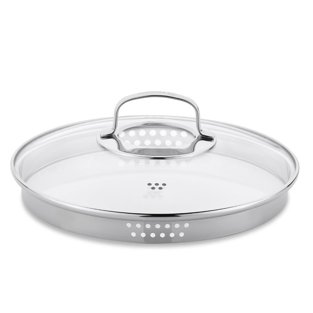 Metal kenarlı ve saplı cam kapak, buhar delikli.